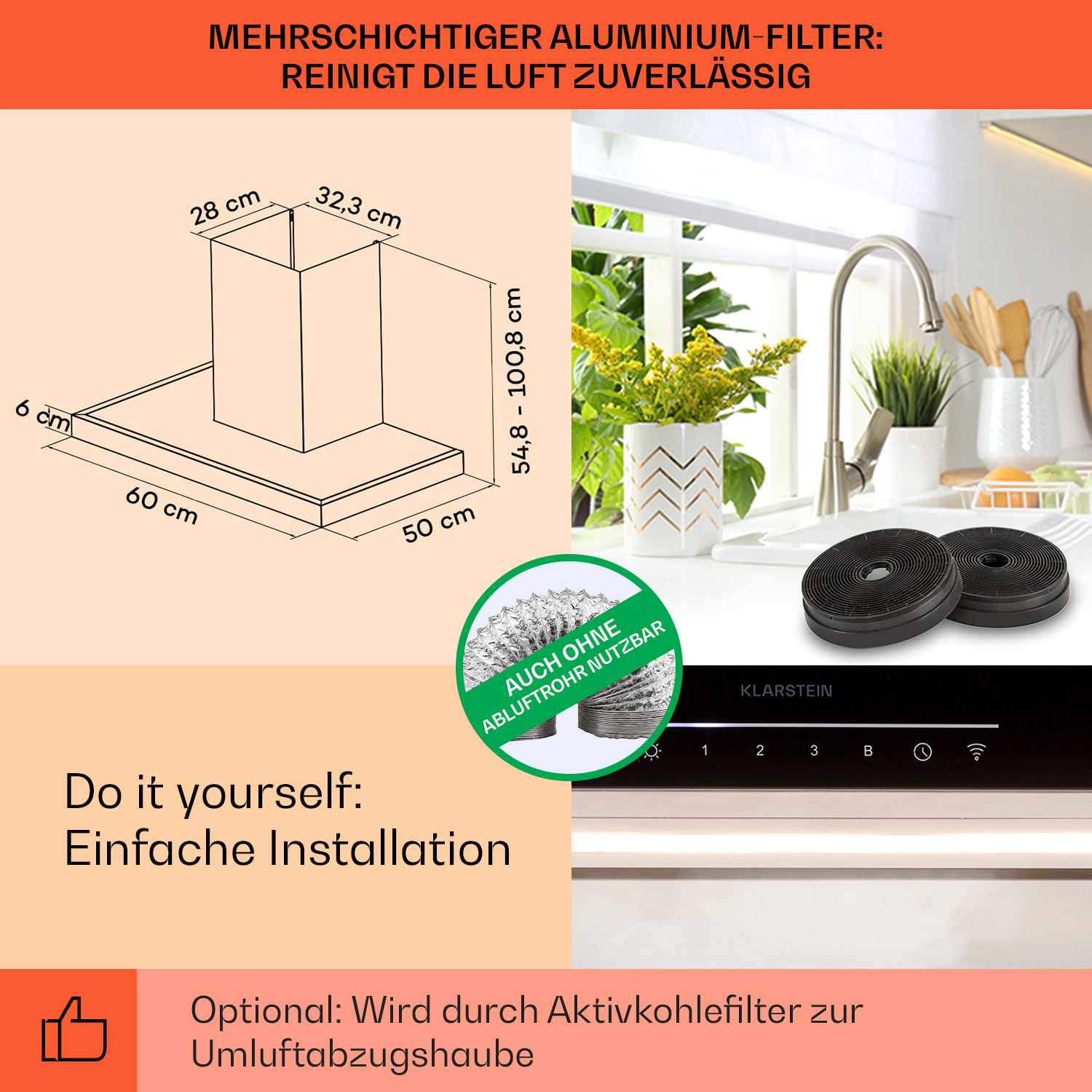 Eine Küchenszene-Diagramm, das eine Dunstabzugshaube mit Abmessungen und eine Anleitung zur einfachen Installation zeigt.