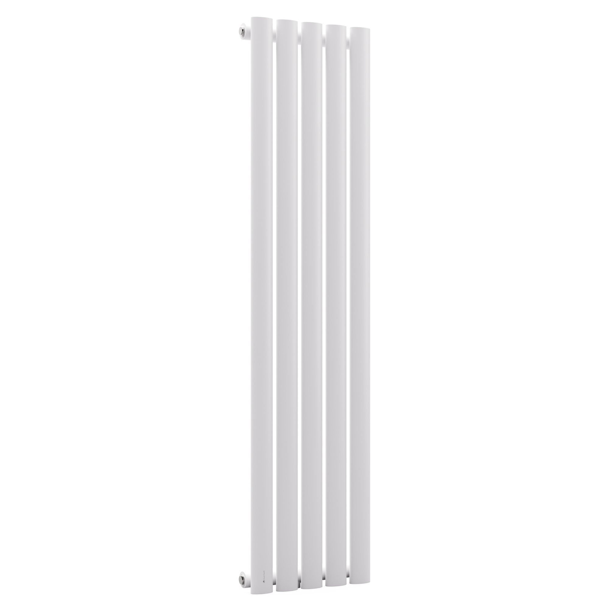 Un radiador vertical blanco con barras verticales sobre fondo blanco, presentando un diseño elegante.