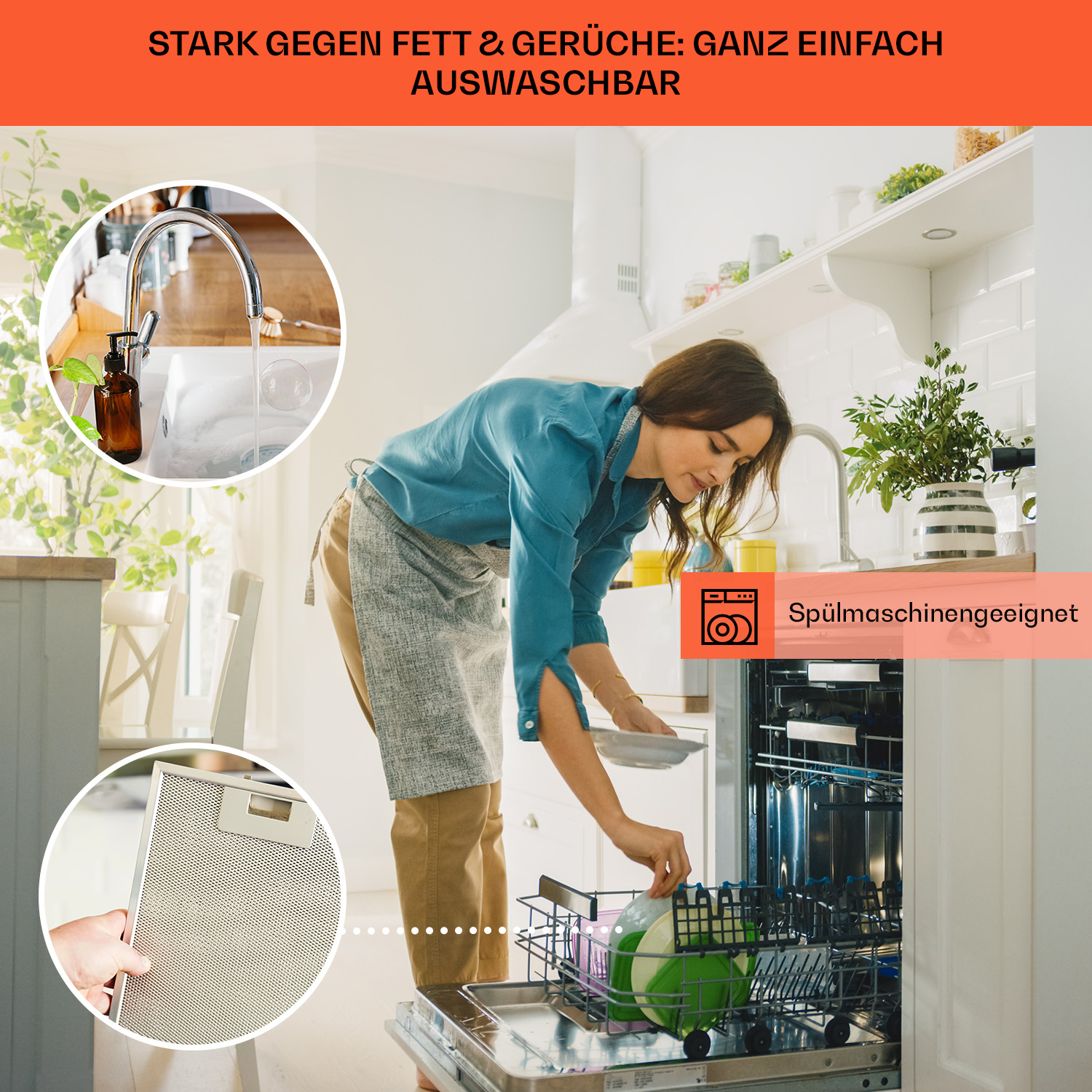 Eine Frau, die eine Spülmaschine in einer hellen Küche belädt, mit Text über Waschbarkeit.