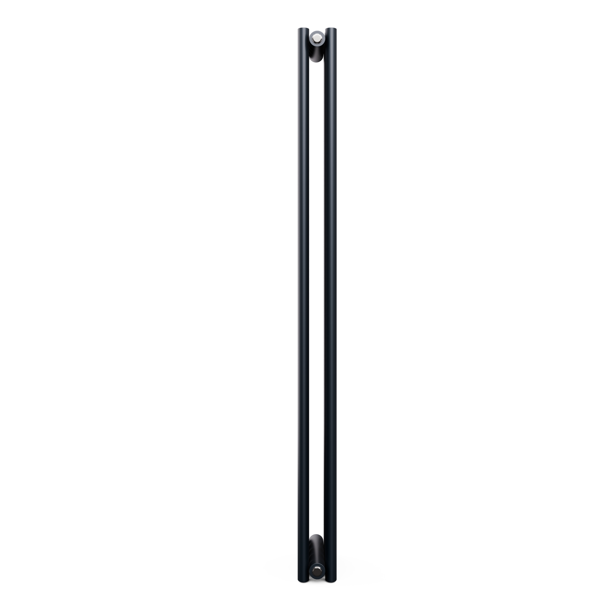 Radiatore nero verticale con due tubi. Isolato su sfondo bianco.