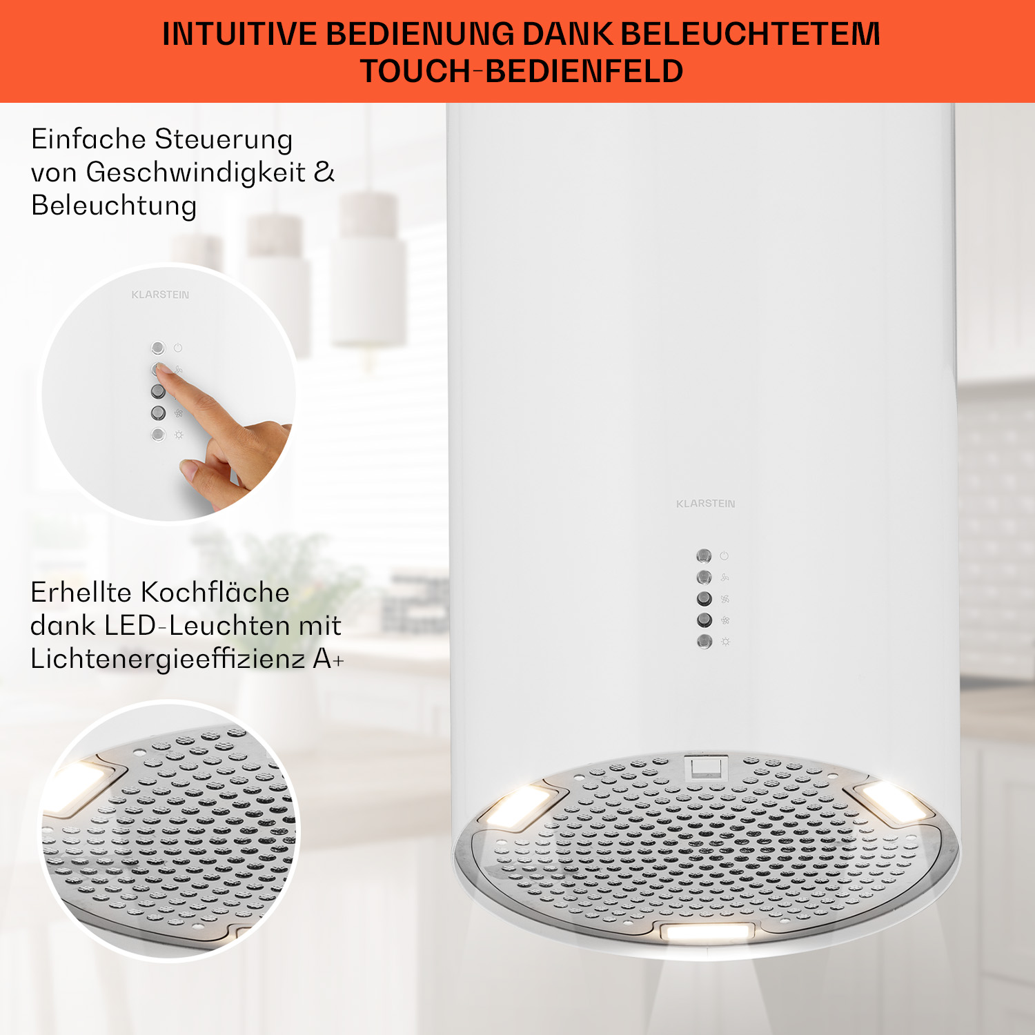 Nahaufnahme einer weißen Küchenhaube mit beleuchteten Touch-Bedienelementen.