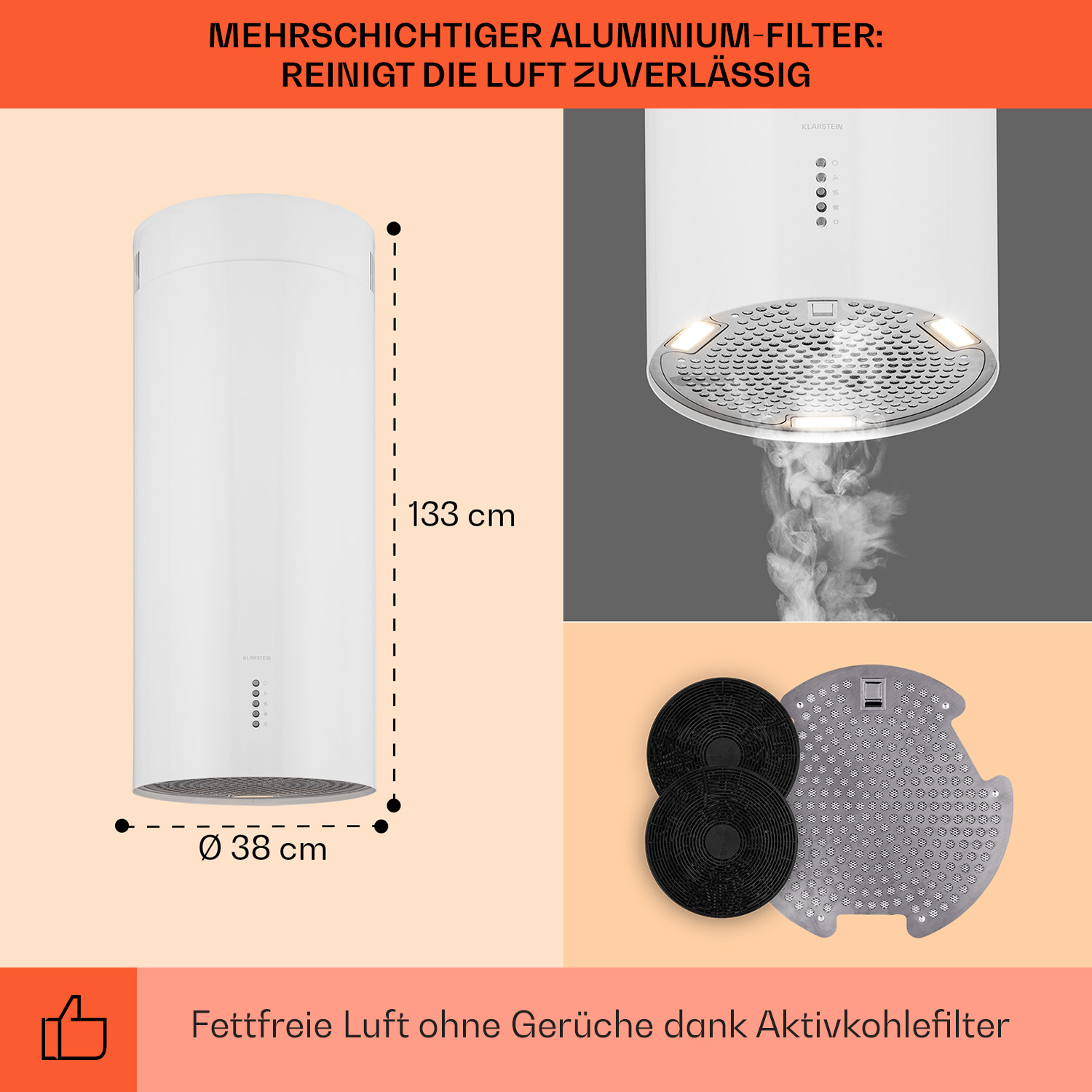 Weiße Dunstabzugshaube mit Maßen und Filtern, und einem Diagramm des Luftstroms.