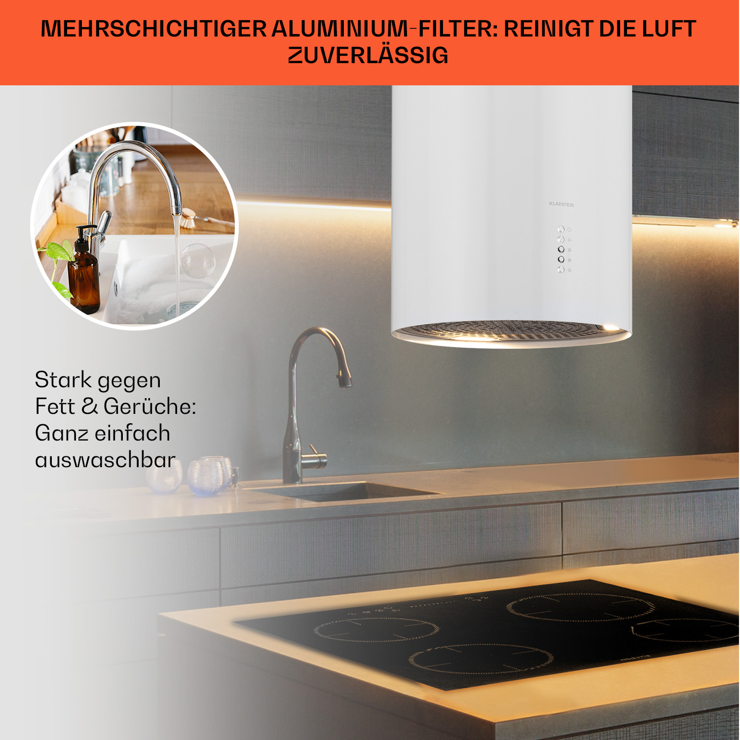 Eine moderne Küche mit weißer Haube, Spüle und Herd.