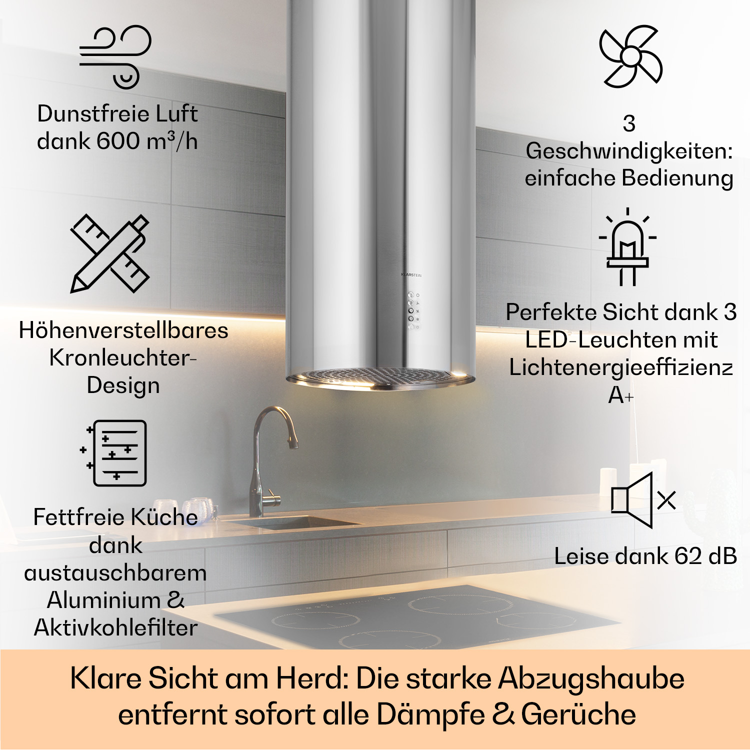 Eine Küche mit Dunstabzugshaube und Kochfeld. Text zeigt Merkmale: LED-Leuchten, Filter und einfache Bedienung.