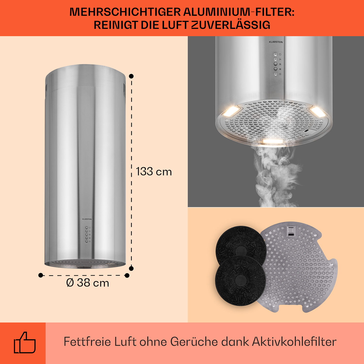 Edelstahl-Zylinder-Dunstabzugshaube. Die Abmessungen sind angegeben. Es hat einen Filter und ein Licht.