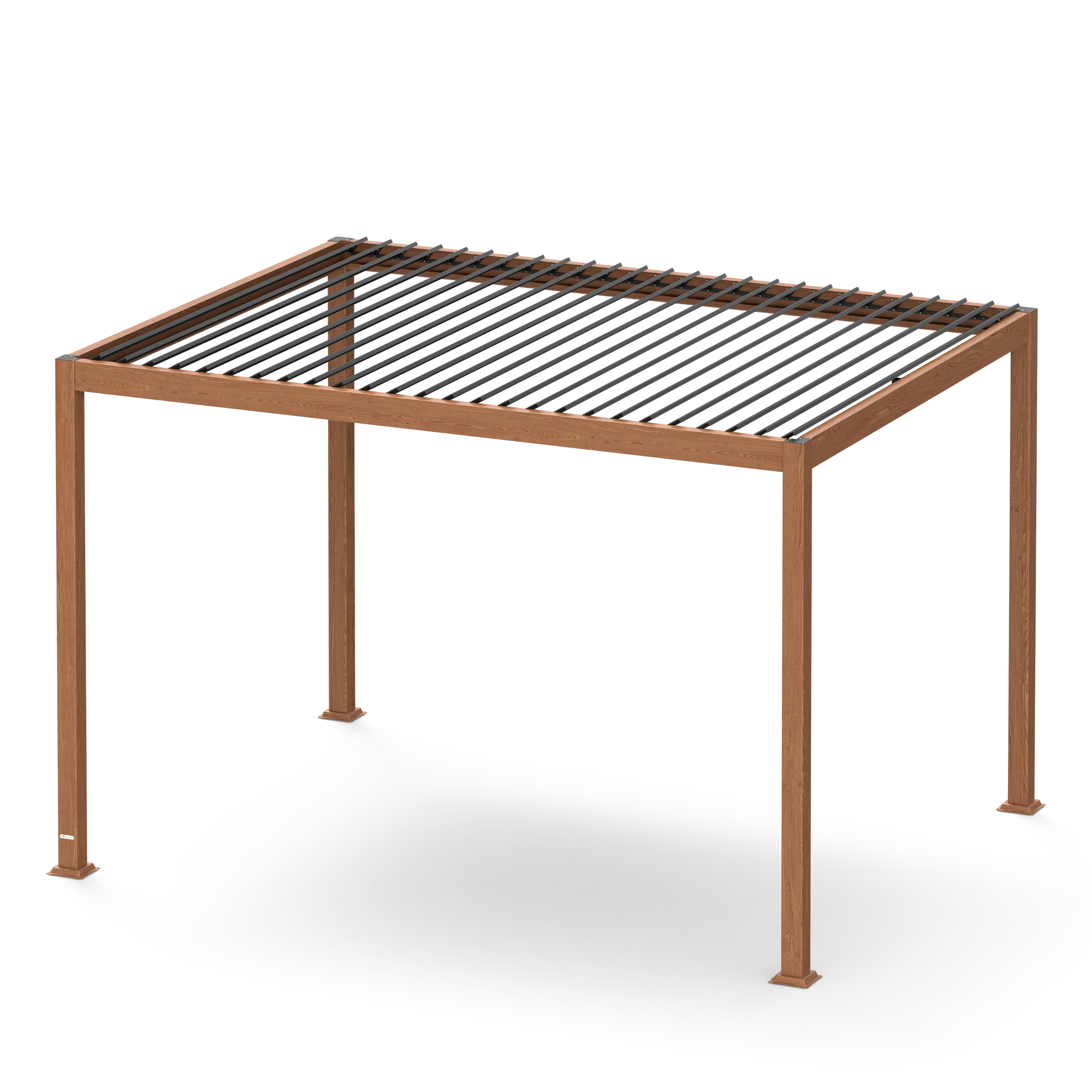 Eine Pergola mit Lamellendach. Sie ist braun mit weißem Hintergrund. Das Design ist einfach und sauber.