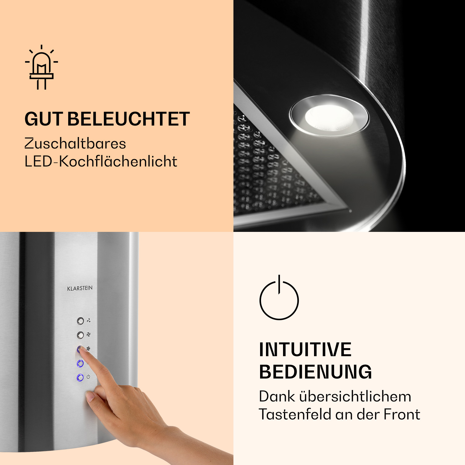Nahaufnahme einer Edelstahl-Dunstabzugshaube mit Hand, die Knöpfe drückt.