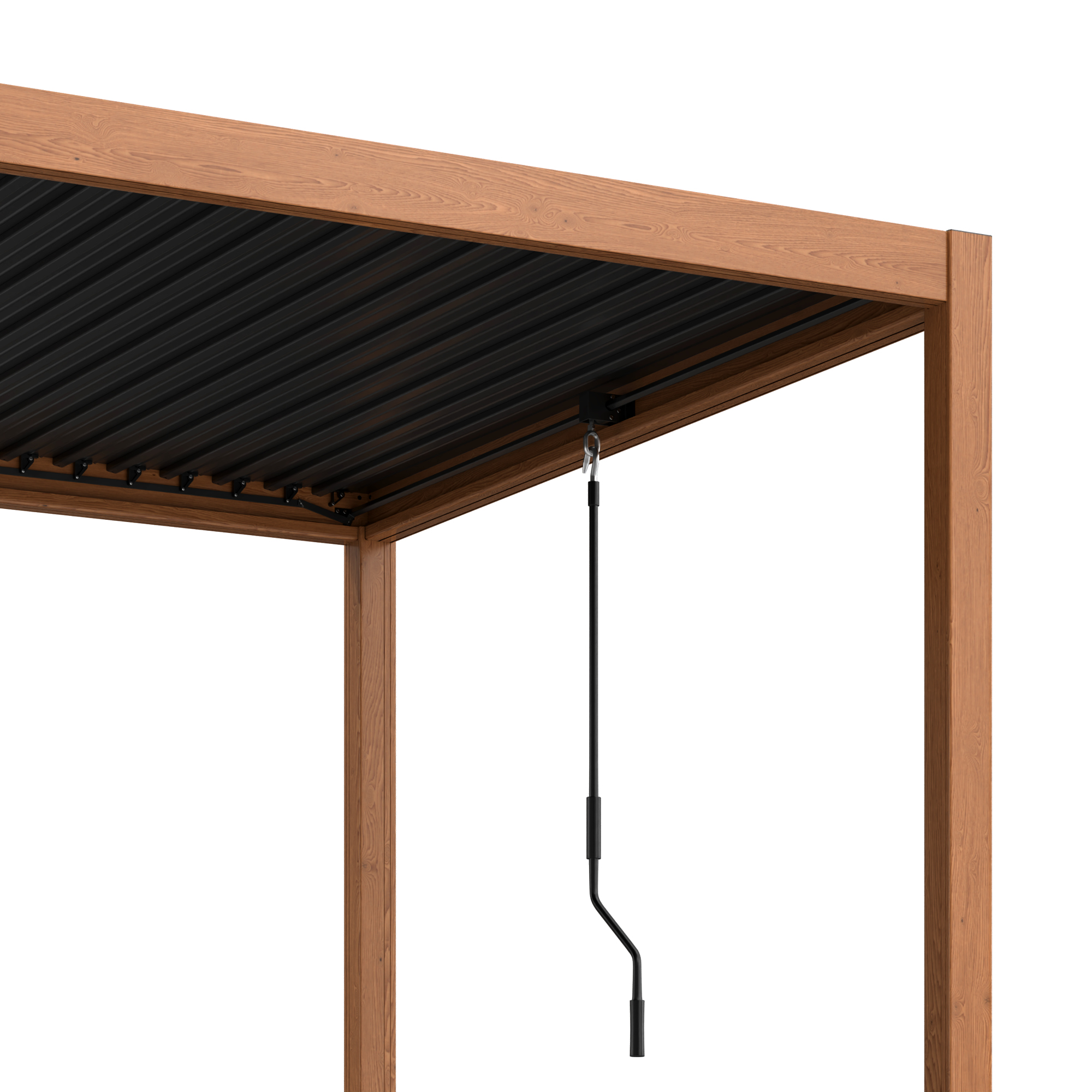 Holzpergola-Detail mit schwarzen Lamellen und Kurbelgriff auf weißem Hintergrund.