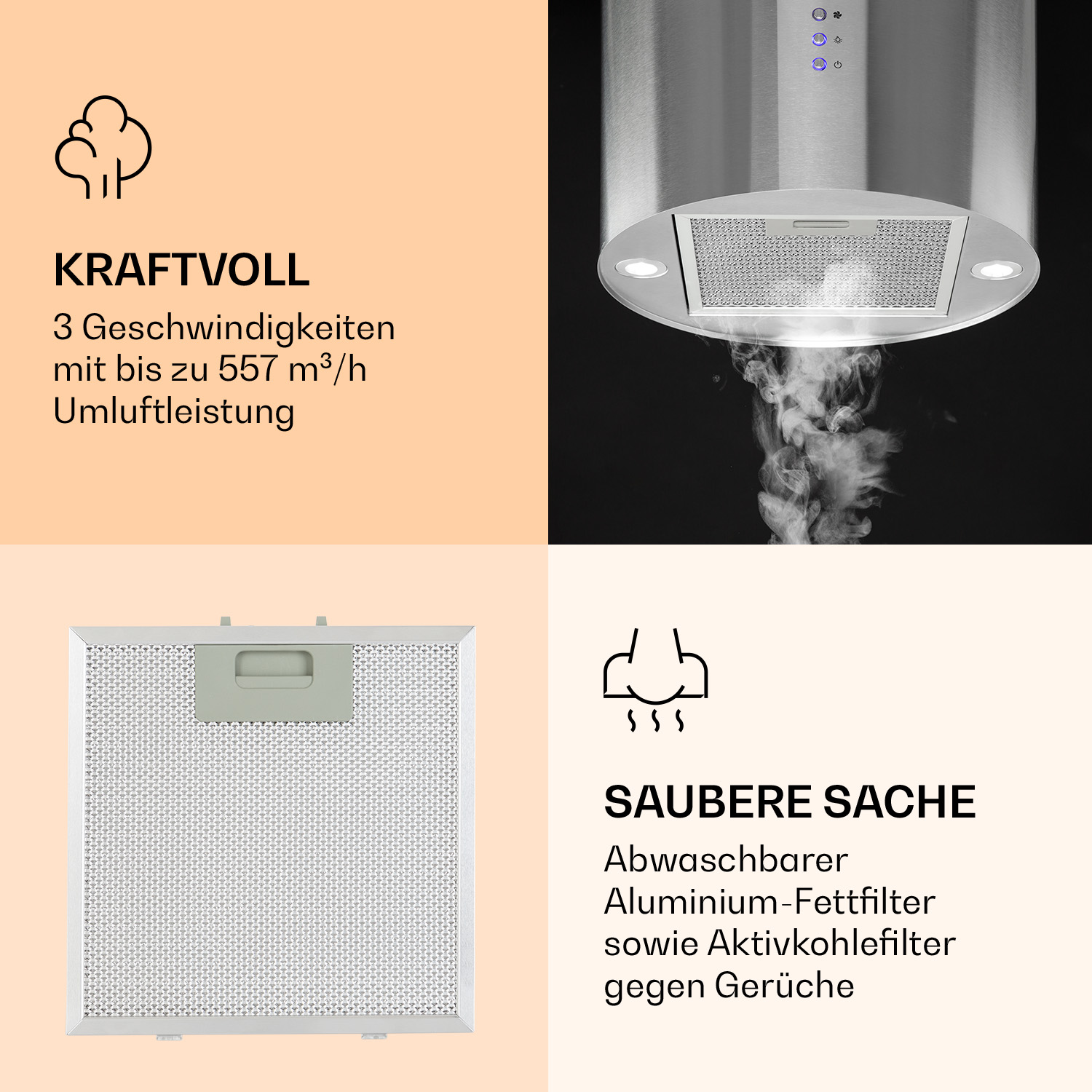 Mehrere Bilder einer Edelstahl-Dunstabzugshaube mit Filter und Rauch.