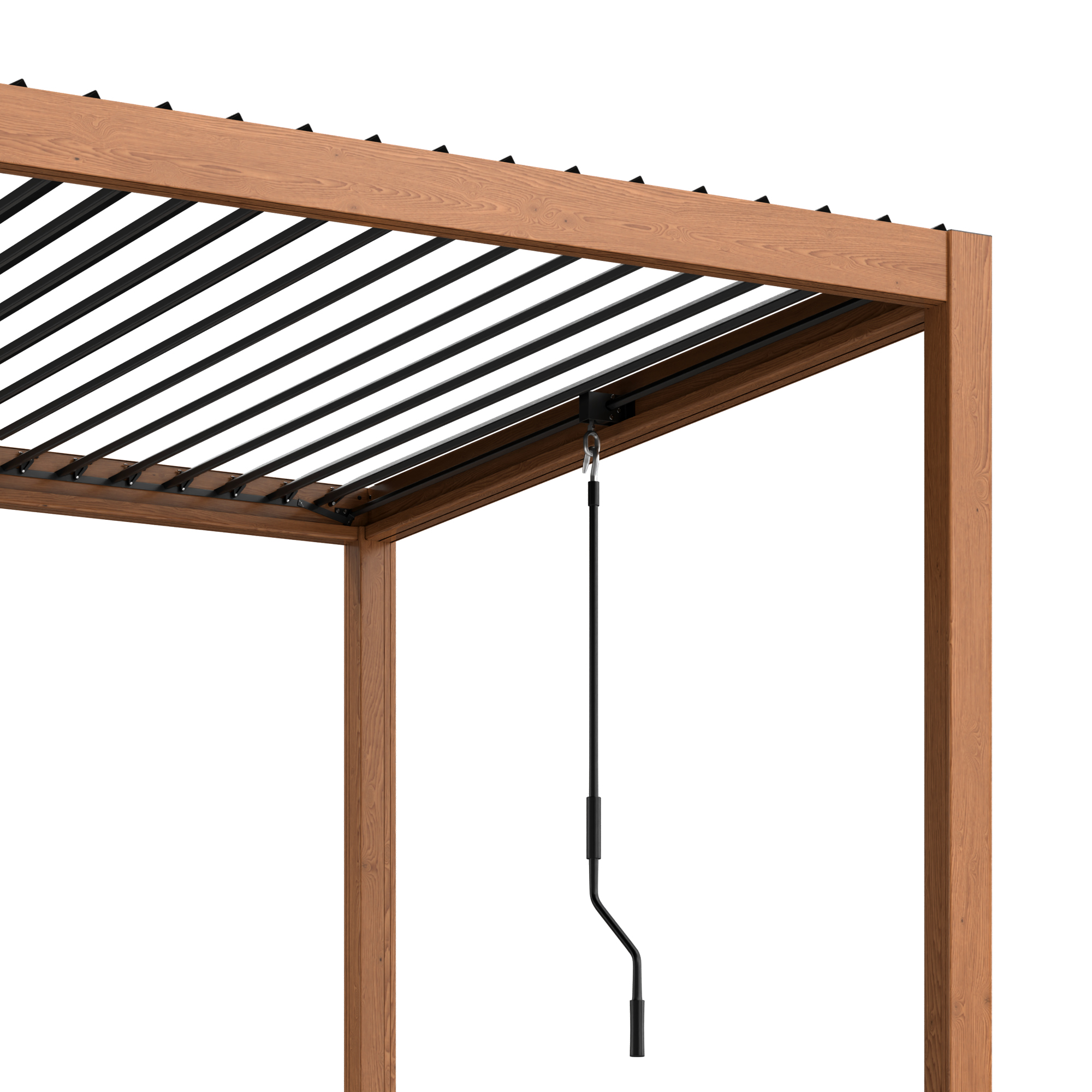 Holzpergola-Detail mit schwarzen Lamellen und Kurbelgriff auf weißem Hintergrund.