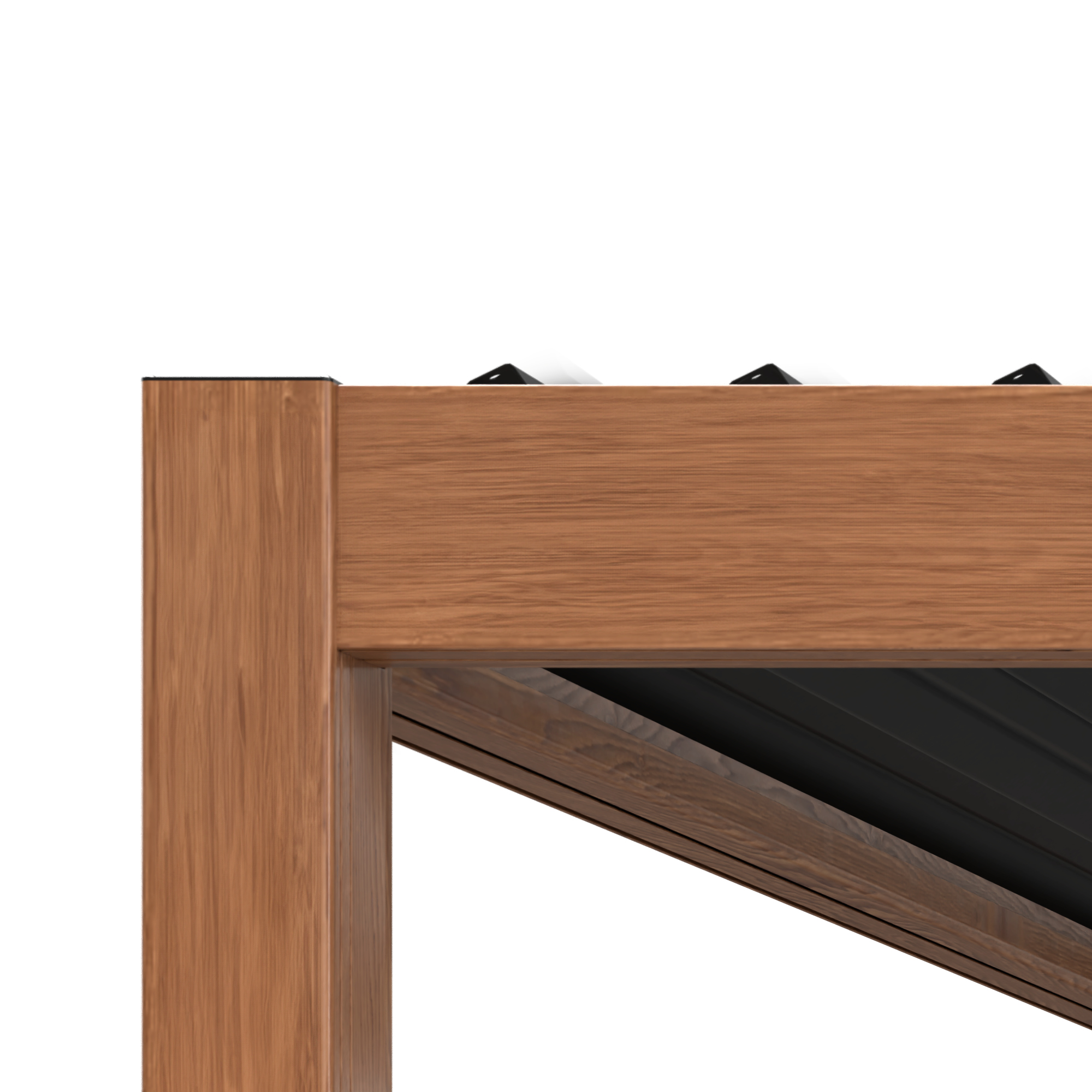 Holzpergola-Eckdetail mit schwarzen Lamellen und weißem Hintergrund.