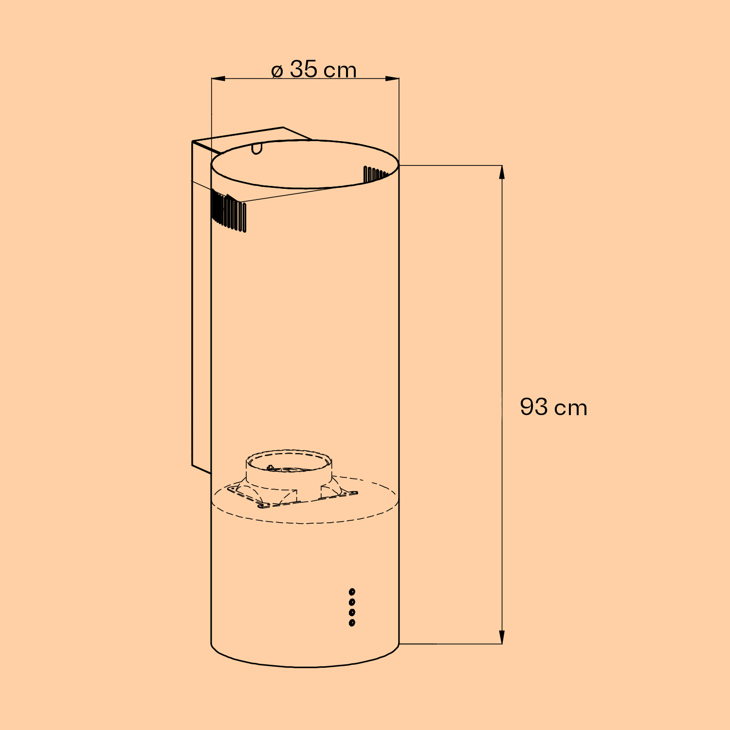Diagramm eines zylindrischen Dunstabzugs. Schwarz-Weiß technische Zeichnung auf beigem Hintergrund.