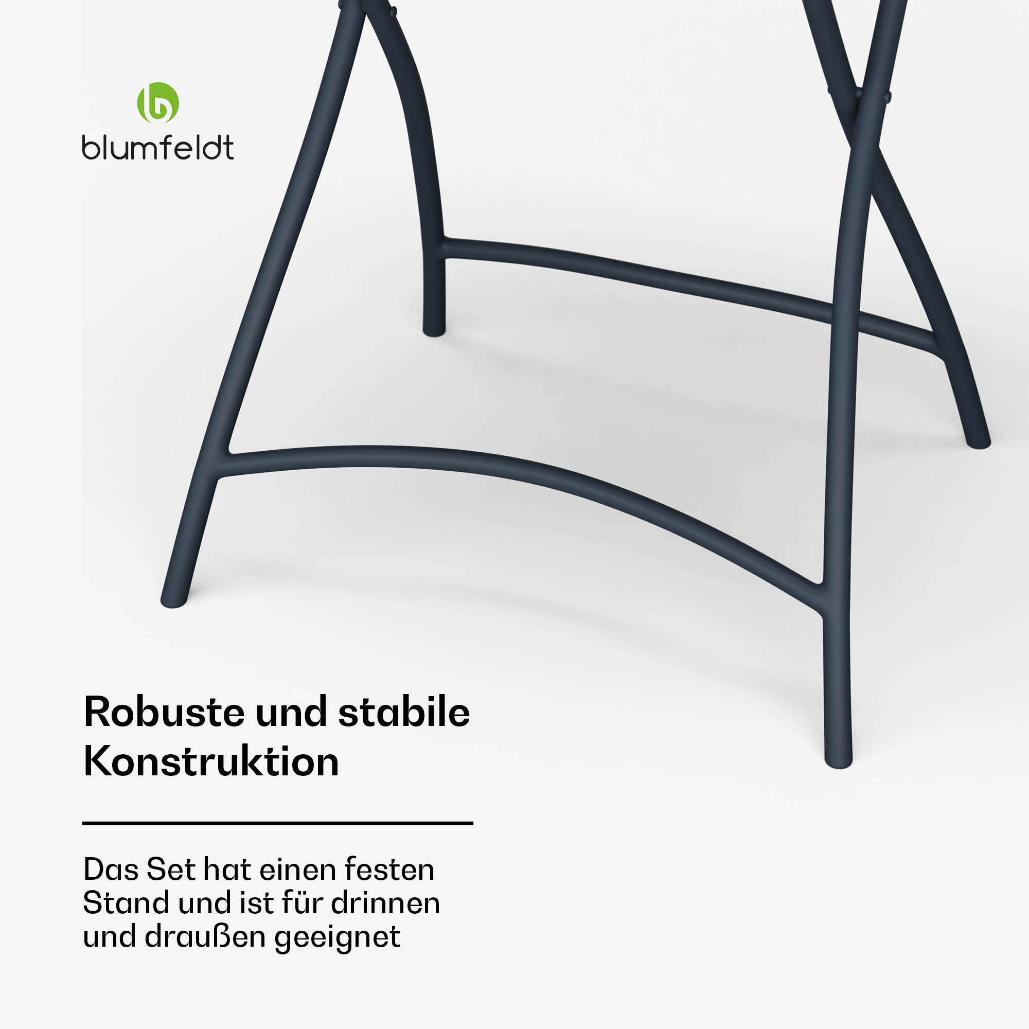 Nahaufnahme der Beine eines dunkelgrauen Tisches, die seine Konstruktion zeigen.