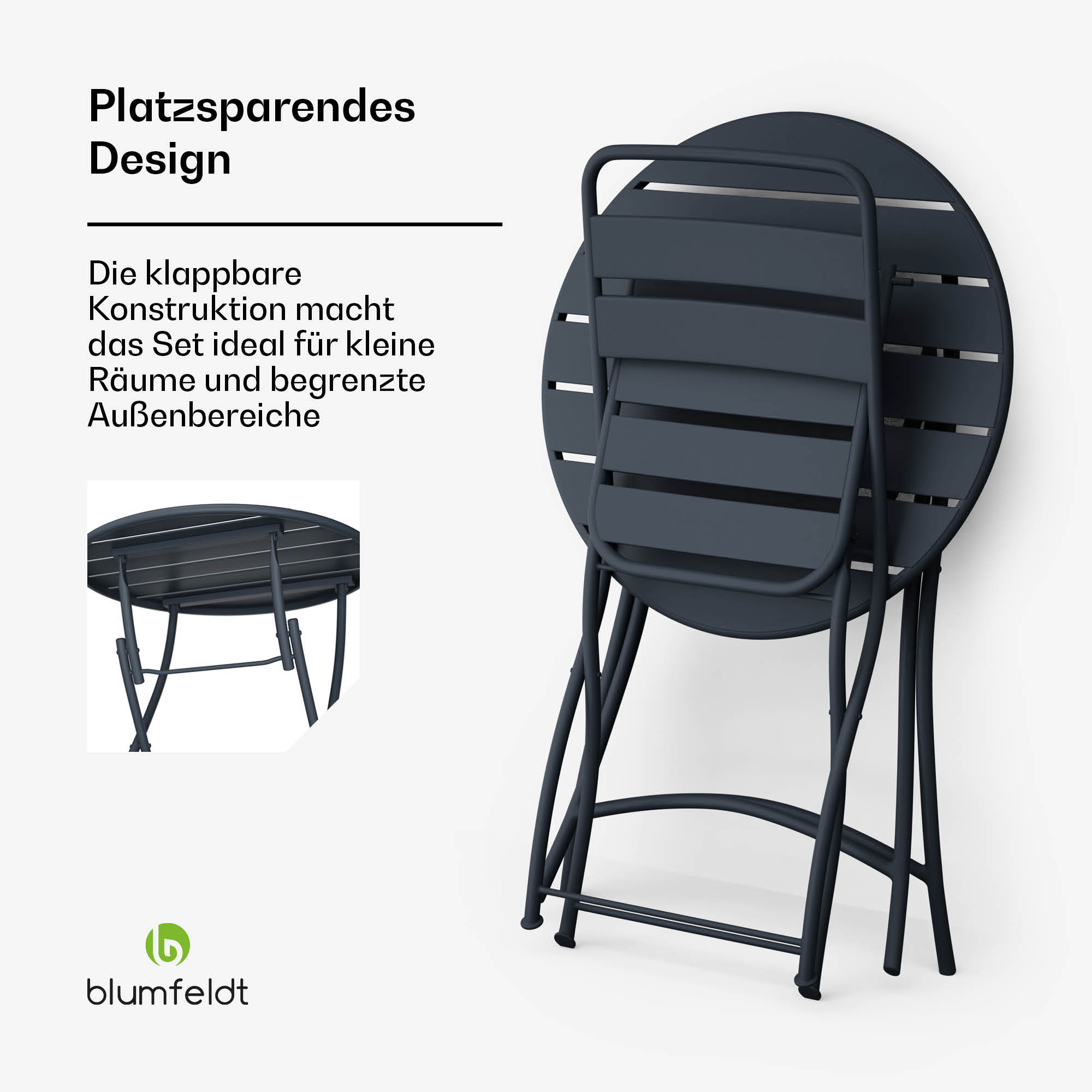 Ein dunkelgraues, zusammenklappbares Tisch- und Stuhlset, mit zusammengeklapptem Tisch.