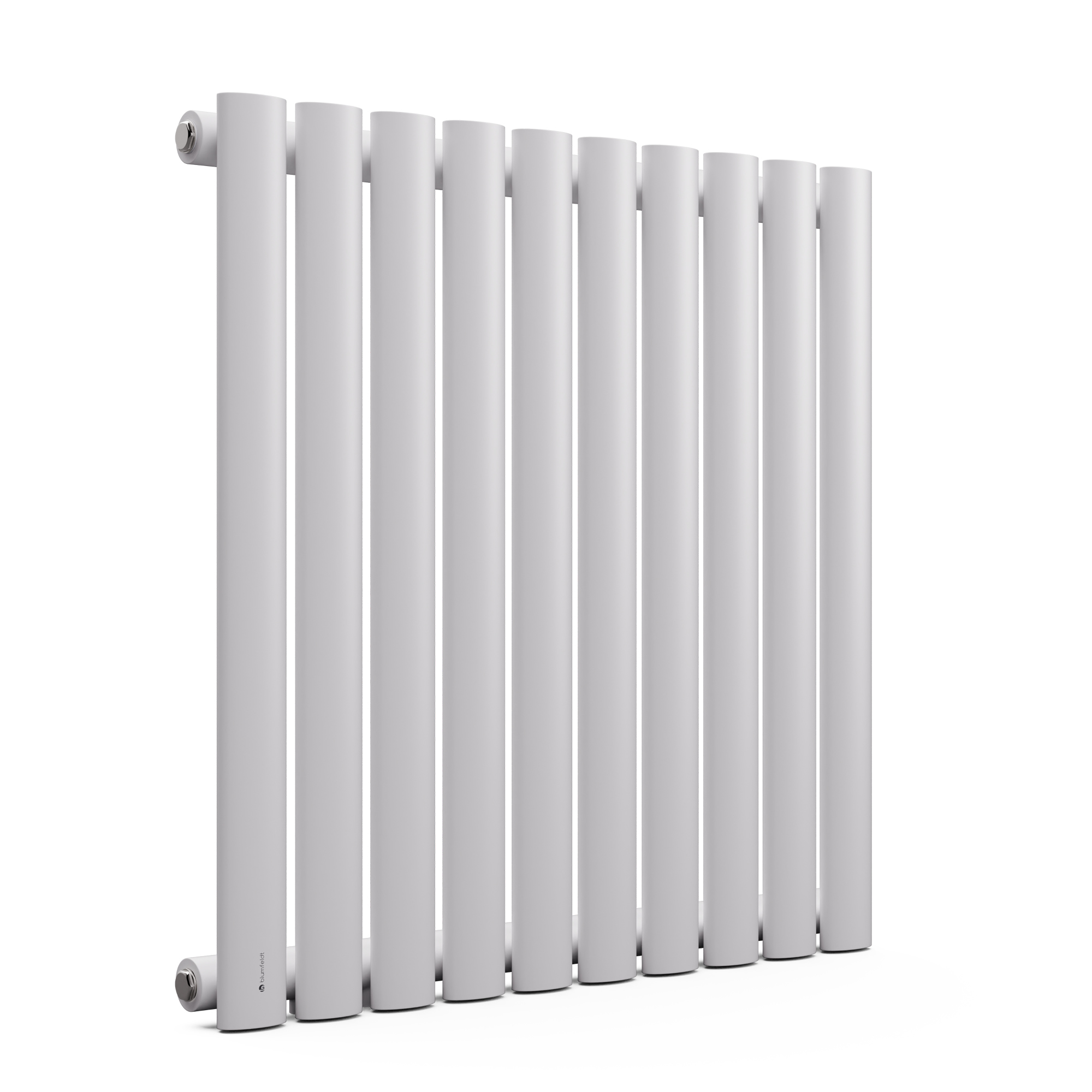 Radiador de panel vertical blanco. Barras verticales con bordes redondeados y conexiones.