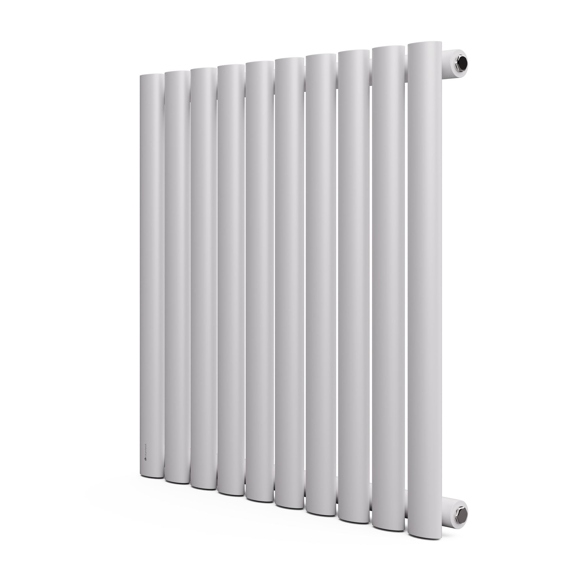 Un radiador vertical blanco con múltiples tubos paralelos se muestra.