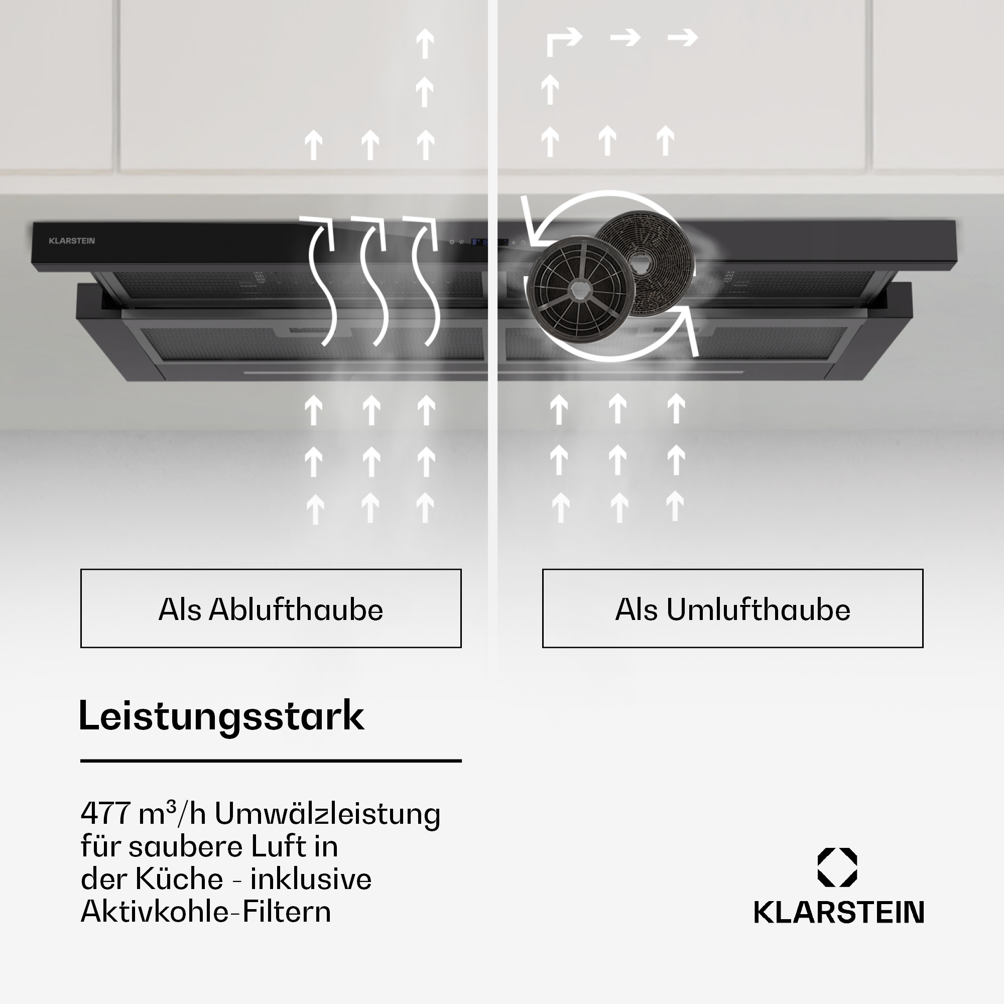 Eine schwarze Dunstabzugshaube mit Pfeilen, die den Luftstrom anzeigen.  Klarstein.