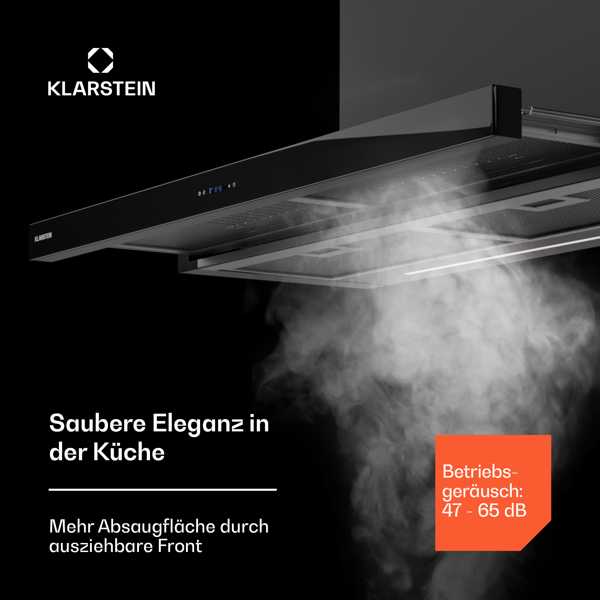 Schwarze Küchenhaube mit Dampf. Text: Saubere Eleganz in der Küche.