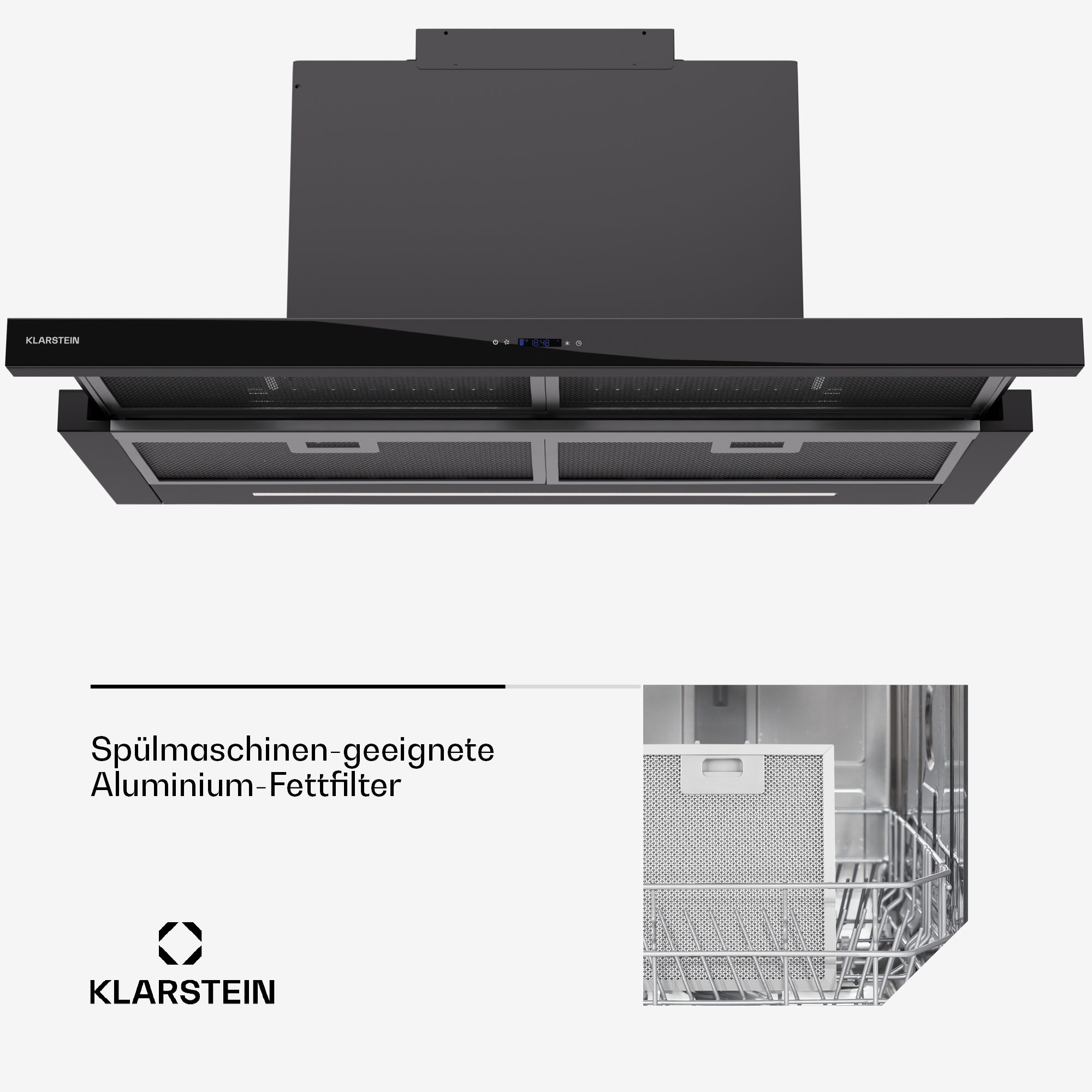 Schwarze Küchenhaube, Klarstein-Logo, mit Details des Filters und Produktdiagramm.