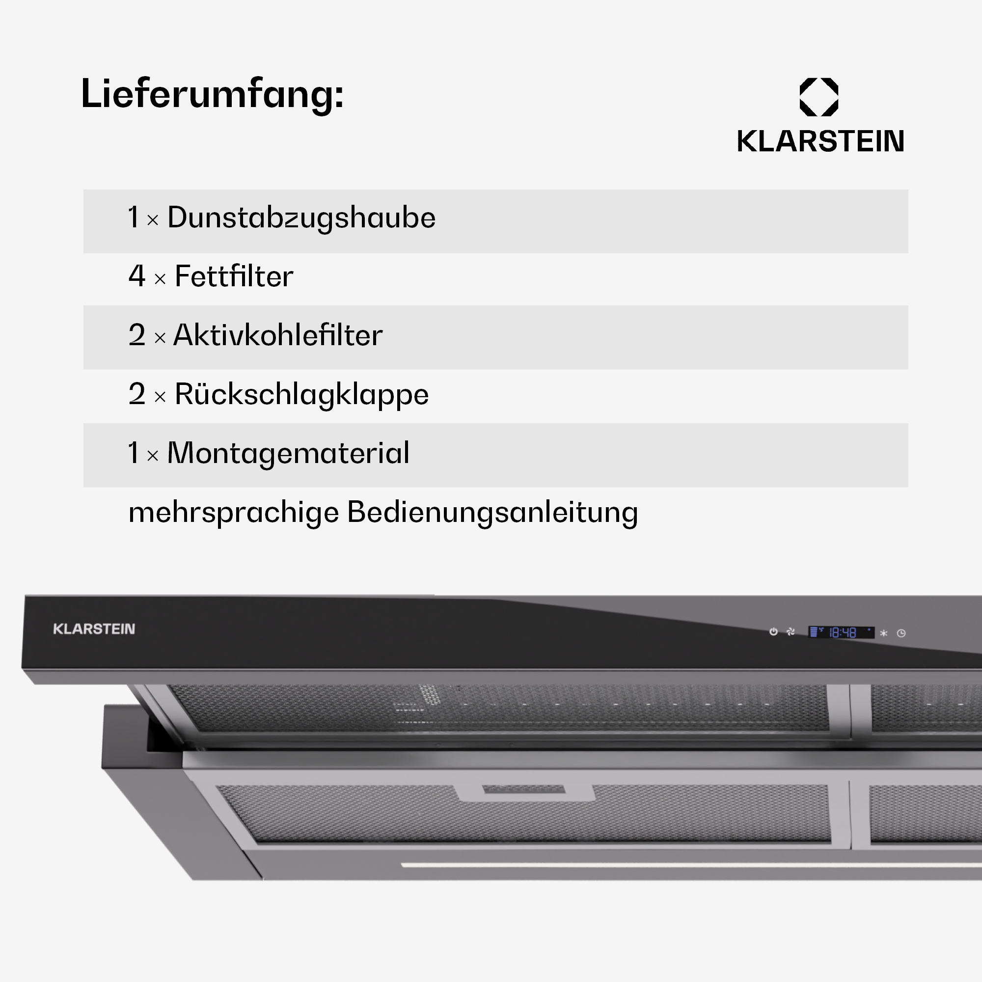 Eine Dunstabzugshaube mit aufgelisteten Teilen. Die Marke Klarstein ist sichtbar.