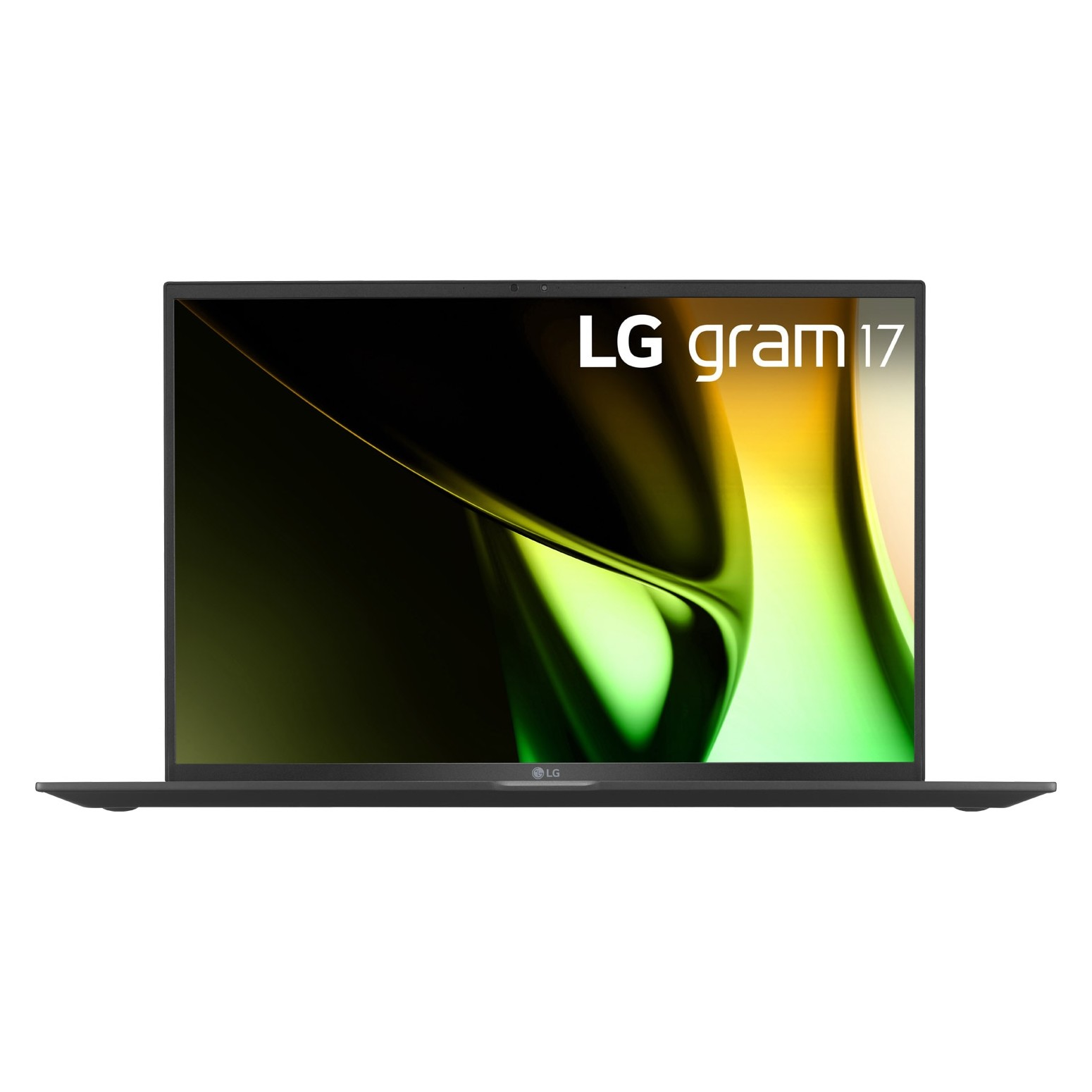 Laptop LG Gram 17 nero su sfondo bianco. Lo schermo mostra uno sfondo astratto colorato.