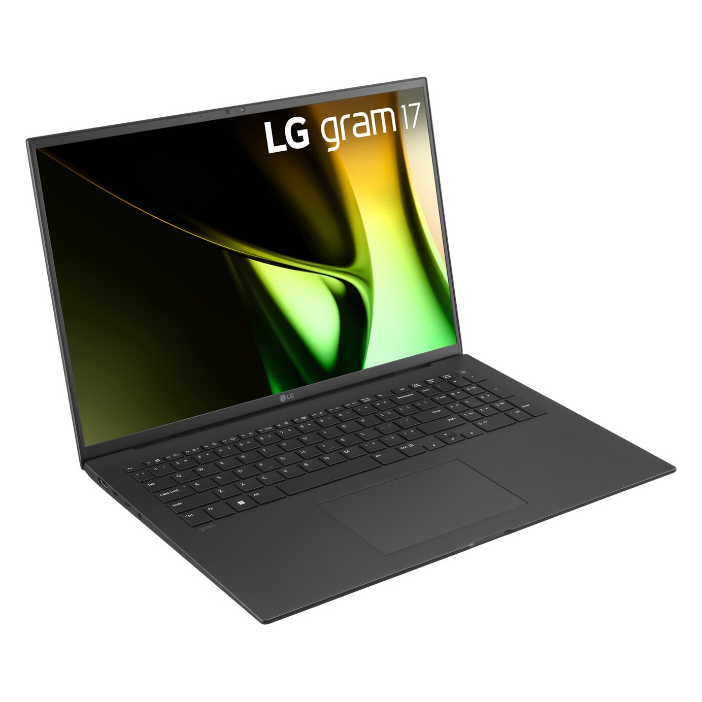 Un laptop LG nero con un grande schermo.