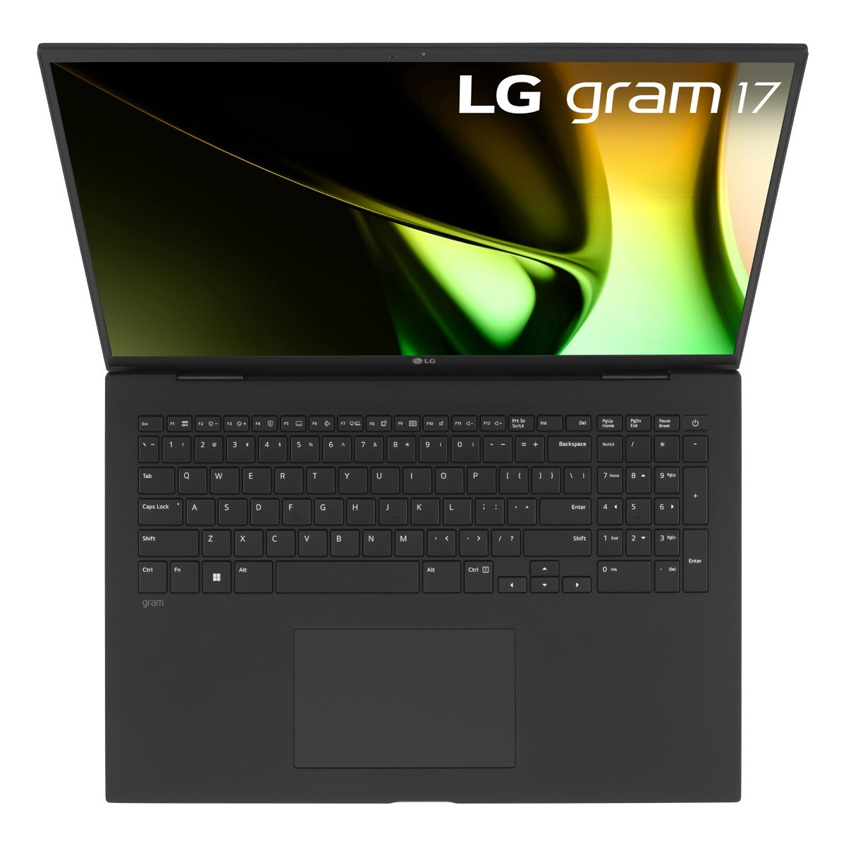 Laptop LG Gram 17 nero aperto su sfondo bianco. Tastiera e schermo sono visibili.
