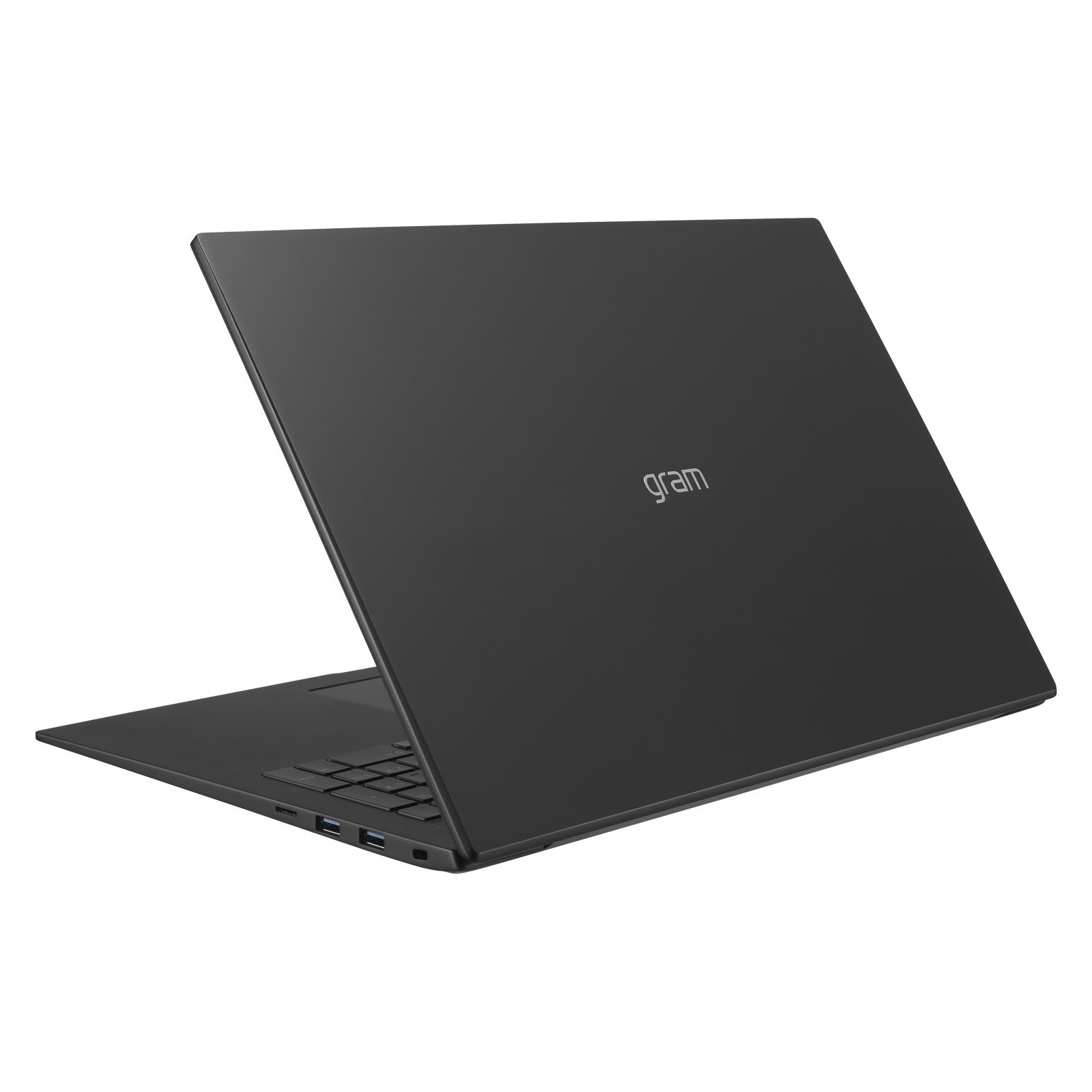 Laptop LG Gram nero chiuso su sfondo bianco, con il logo visibile.