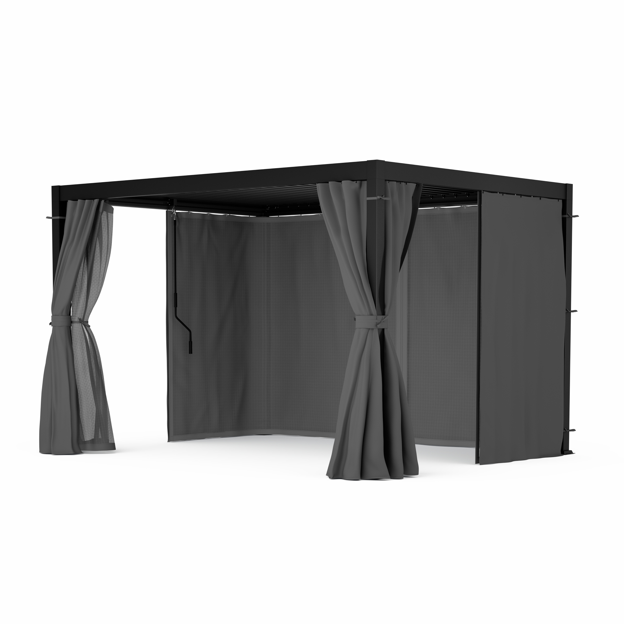 Pergola nera con tende grigie su sfondo bianco. Le tende sono legate a coppie.