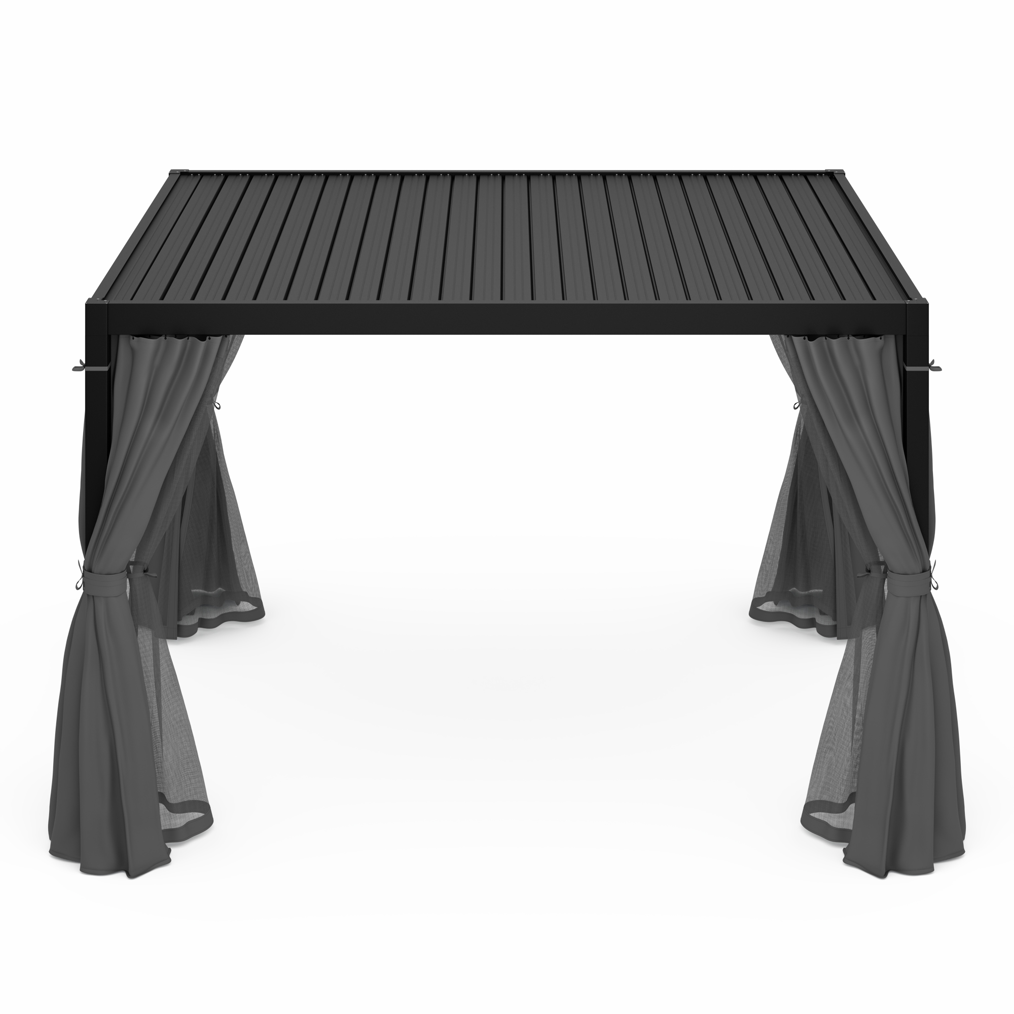 Pergola nera con tende grigie, forma quadrata, isolata su sfondo bianco.