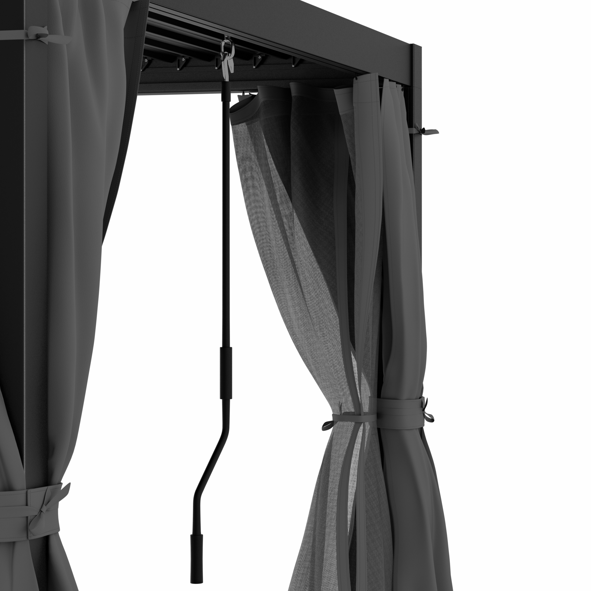 Primo piano di una pergola nera con tende grigie su sfondo bianco. Le tende sono legate.