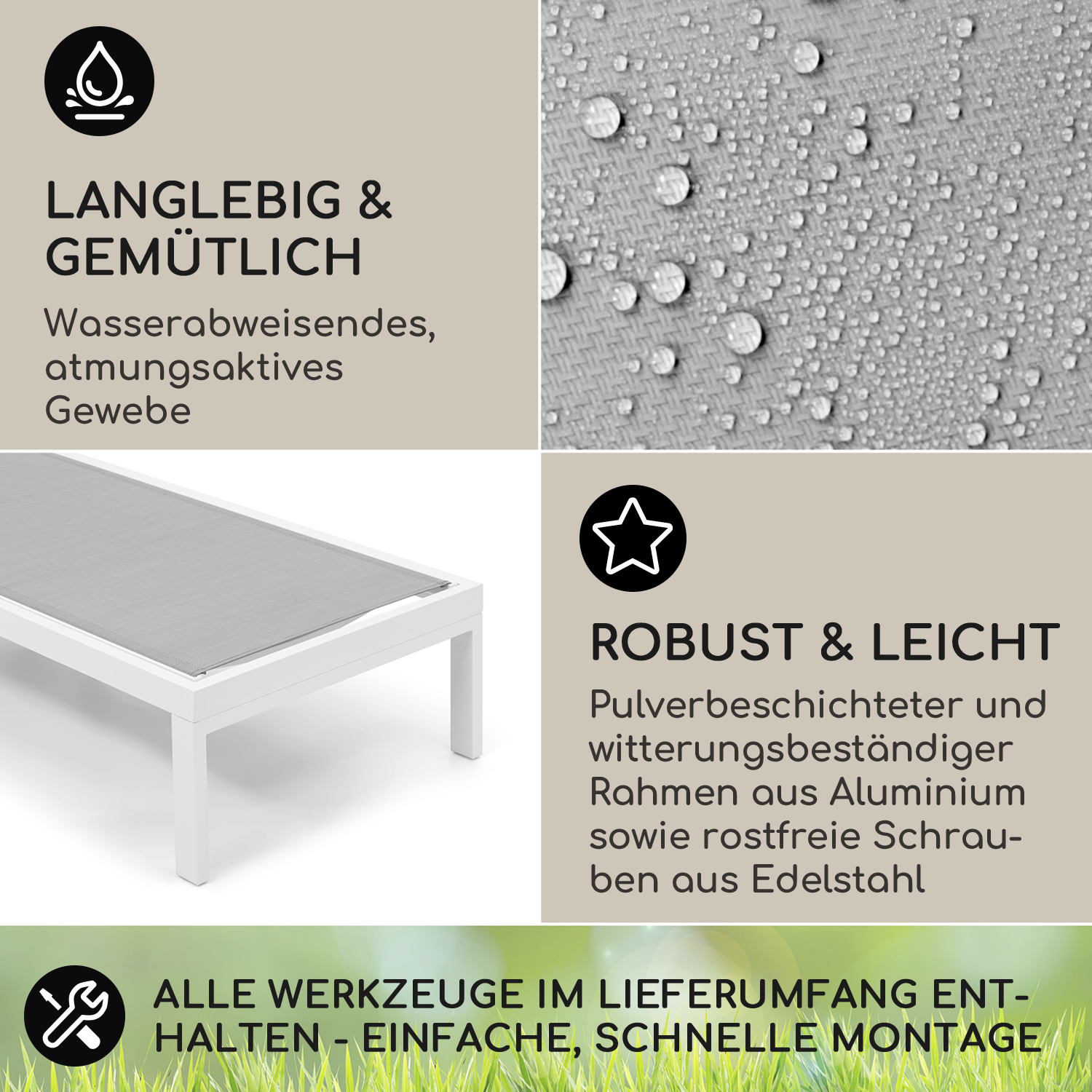 Weiße und graue Sonnenliege mit wasserabweisendem Stoff und Text.