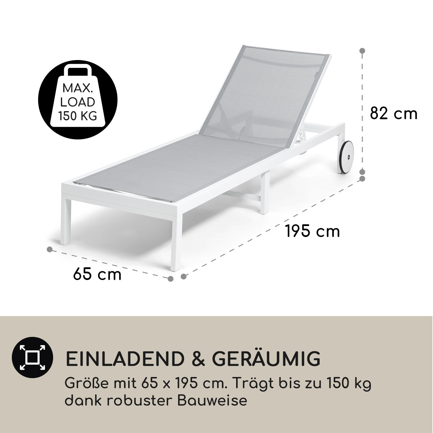 Weiße und graue Sonnenliege mit Abmessungen und Tragfähigkeit.