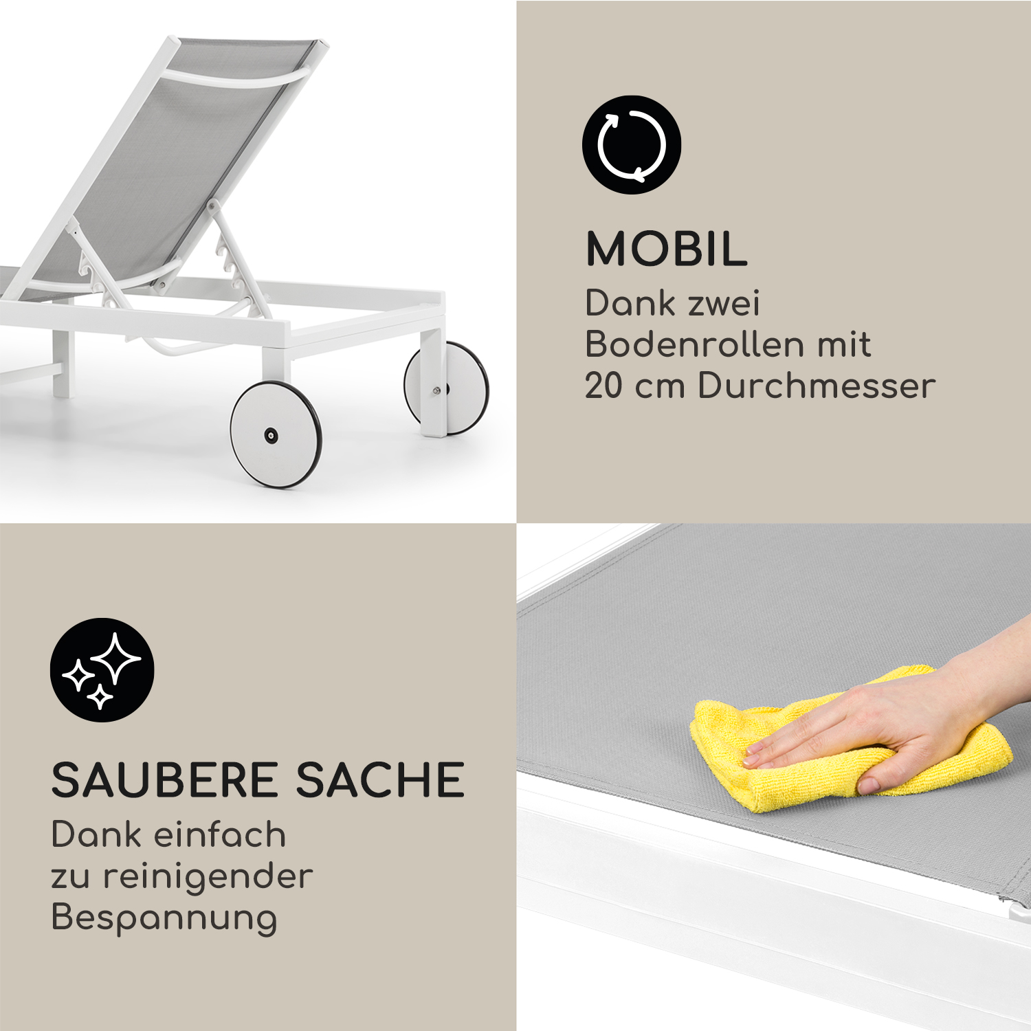 Weißer Sonnenliegestuhl mit Rädern und Reinigungsanweisungen, mit Diagrammen.