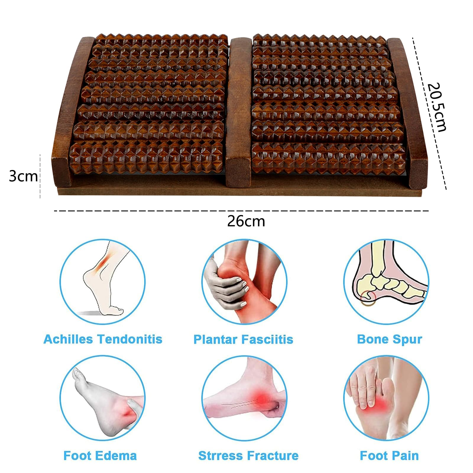 Fußmassage-Roller aus Holz mit Abmessungen und Fußdiagrammen.