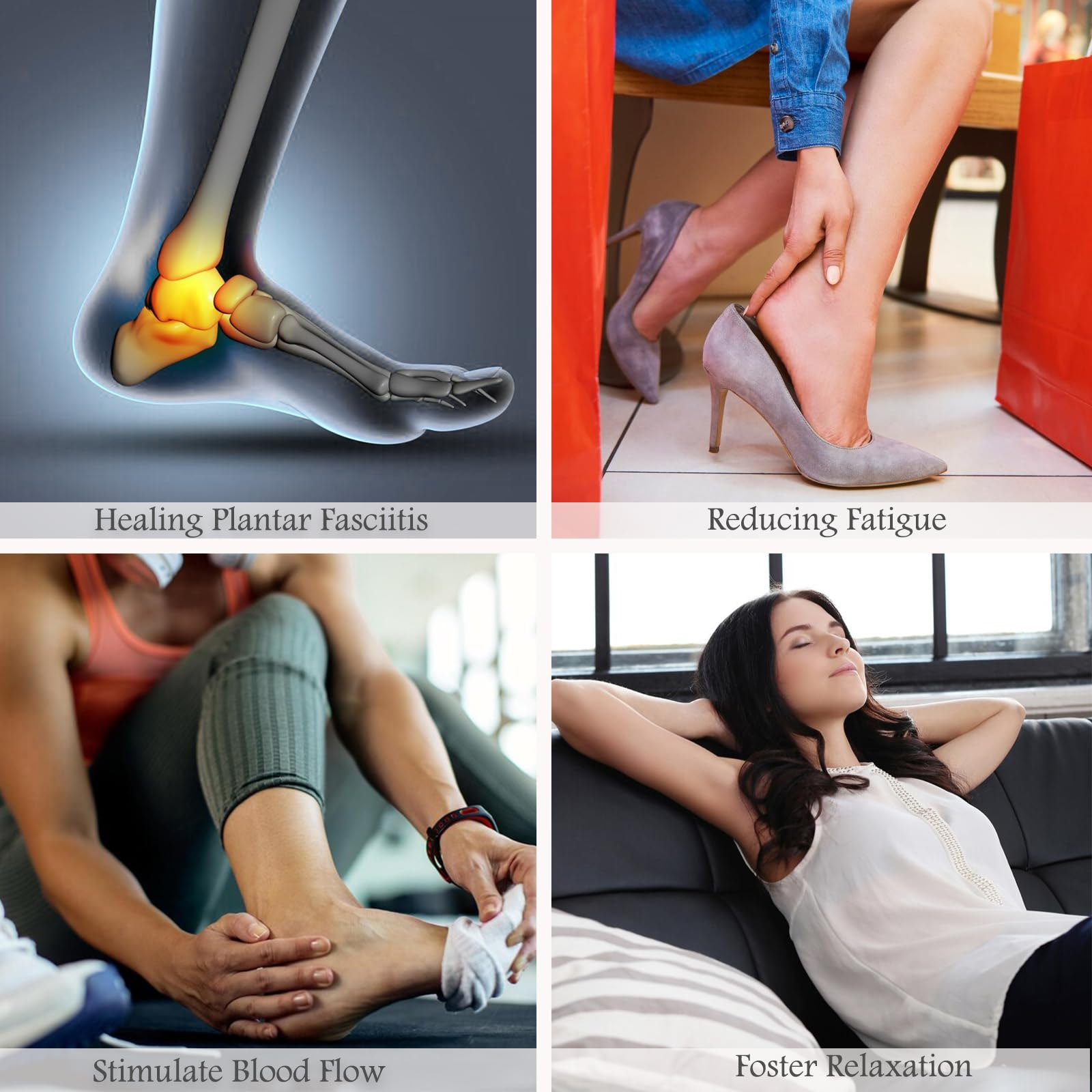 Bilder zeigen Fuß- und Beinbehandlungen: Plantarfasziitis, Müdigkeit, Durchblutung und Entspannung.