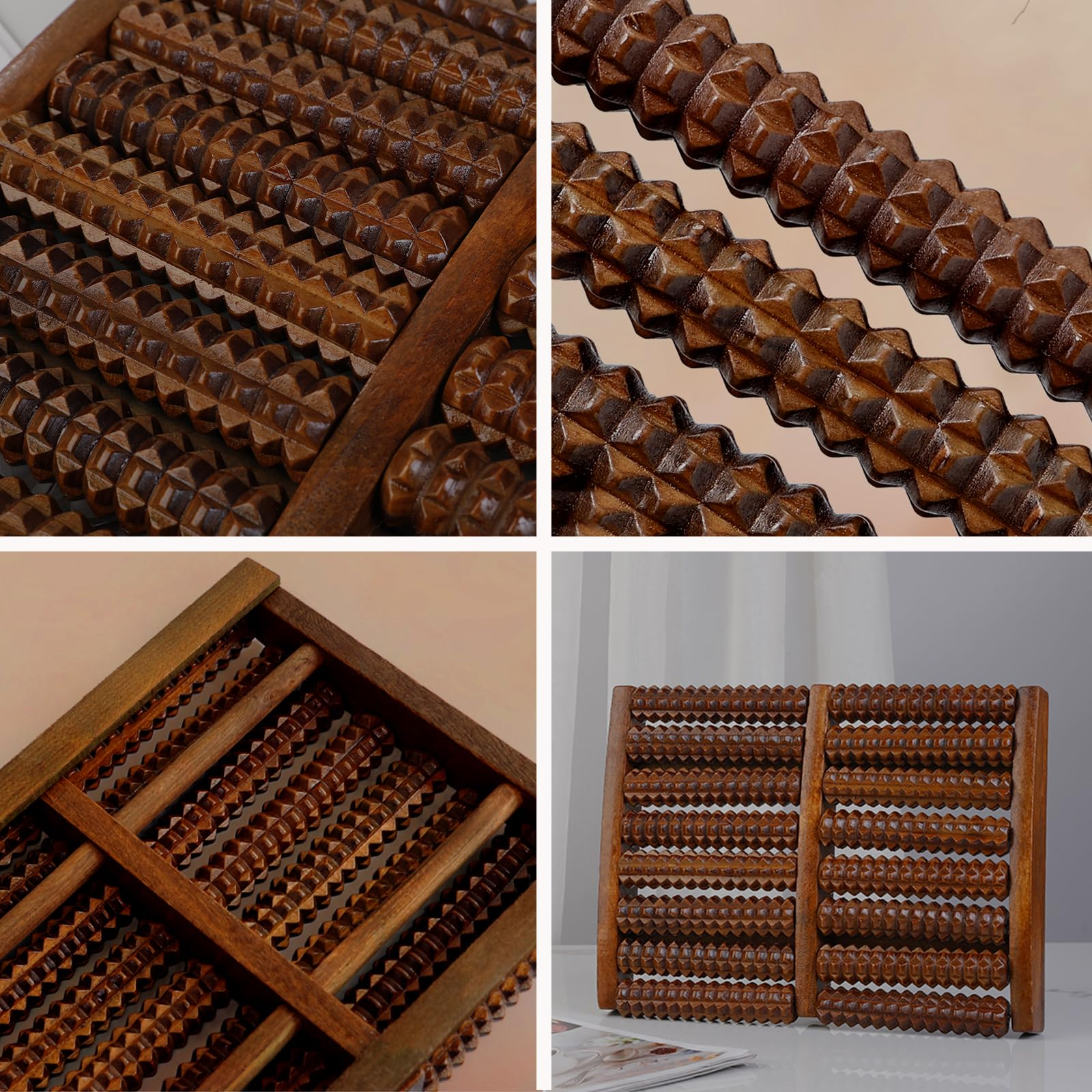 Nahaufnahmen eines Fußmassagegeräts aus Holz mit mehreren Rollen in verschiedenen Konfigurationen. Braune, detaillierte Holzmaserung.