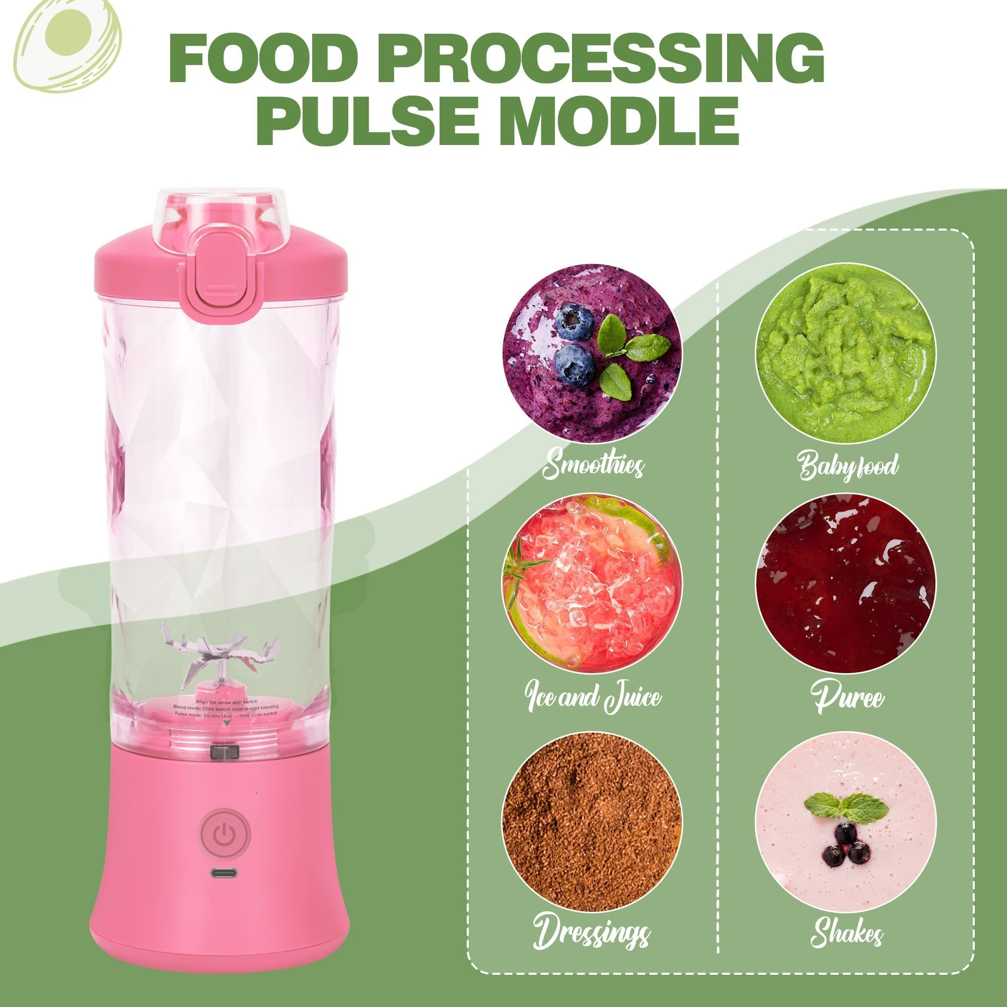 Rosa Mixer mit verschiedenen Lebensmittelproben. Enthält Text: Lebensmittelverarbeitung Puls Modle.