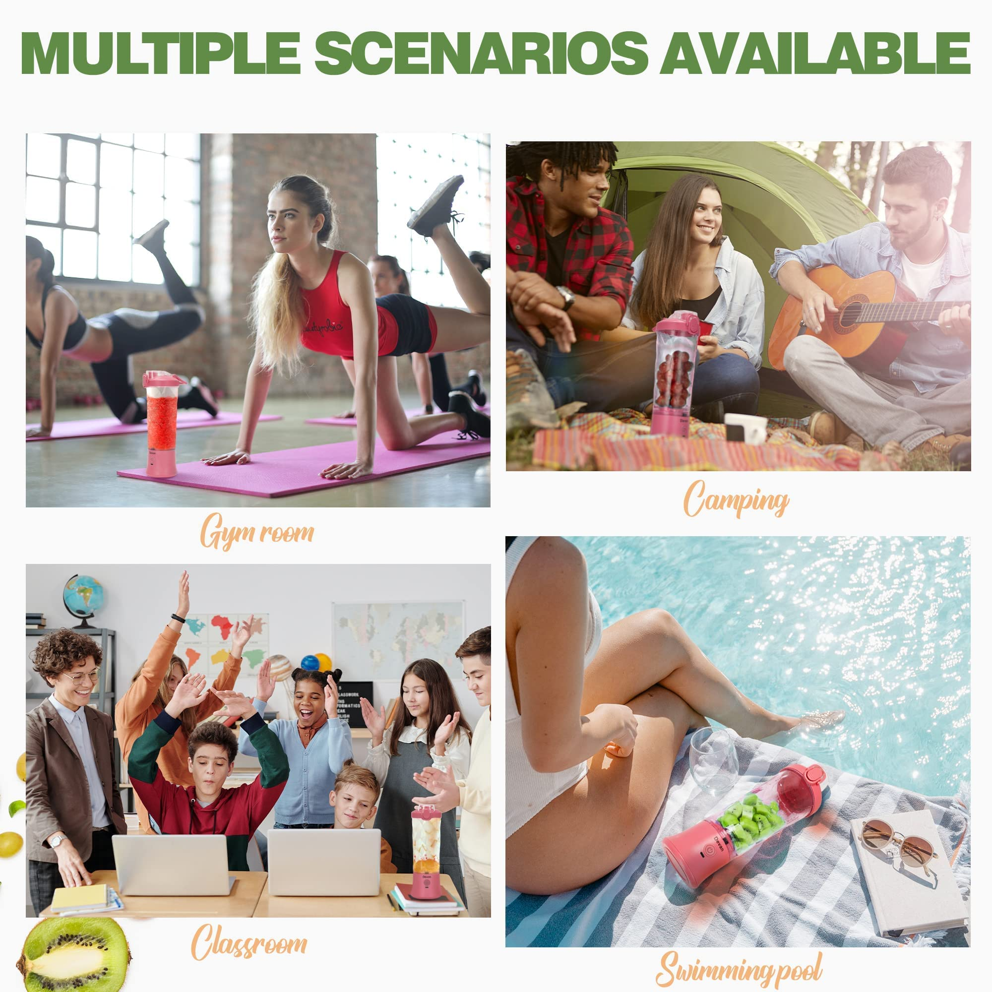 Mehrere Szenen mit einem rosa Mixer. Fitnessstudio, Camping, Klassenzimmer und Schwimmbad werden gezeigt.