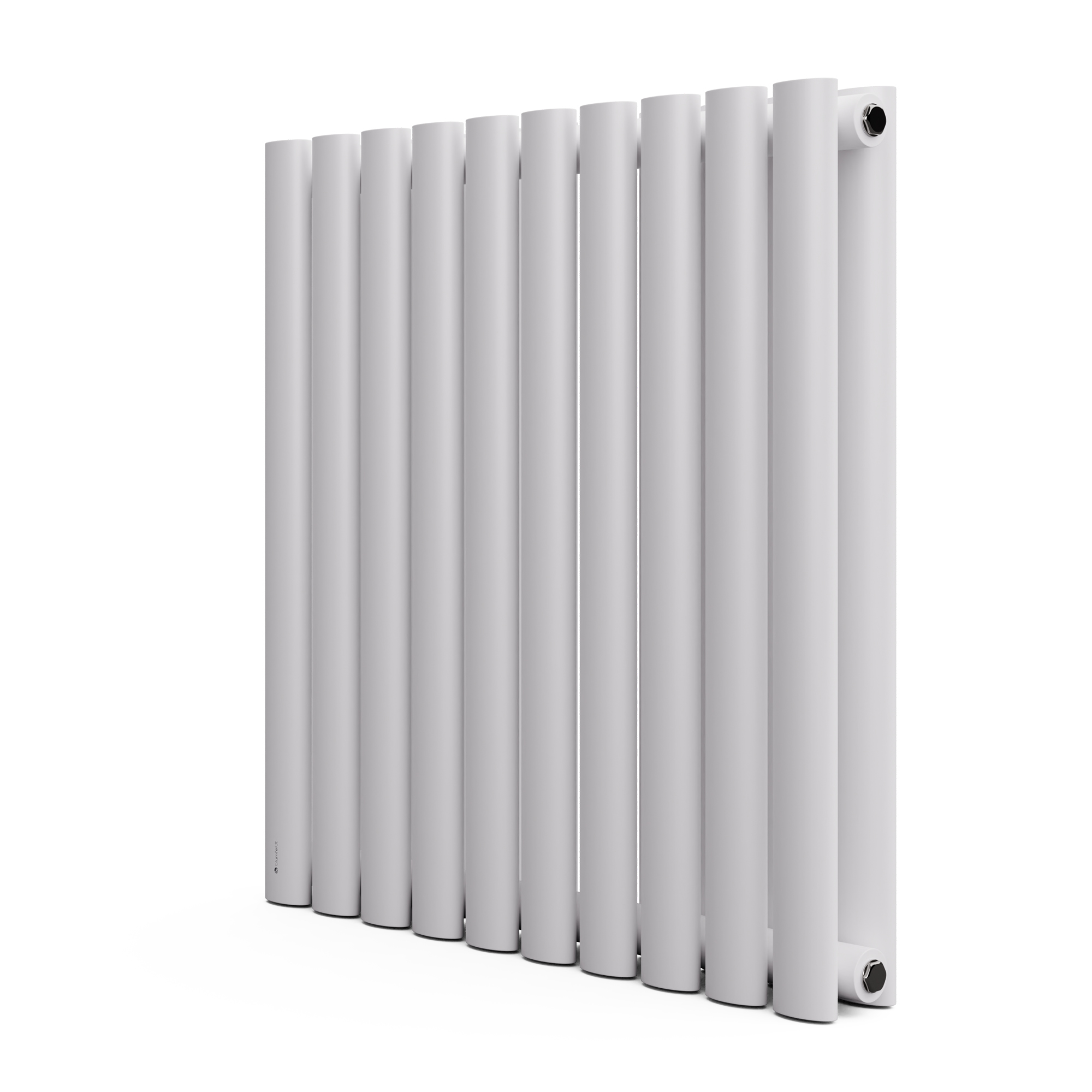 Radiador blanco con tubos verticales, visto de lado. Está sobre un fondo blanco.