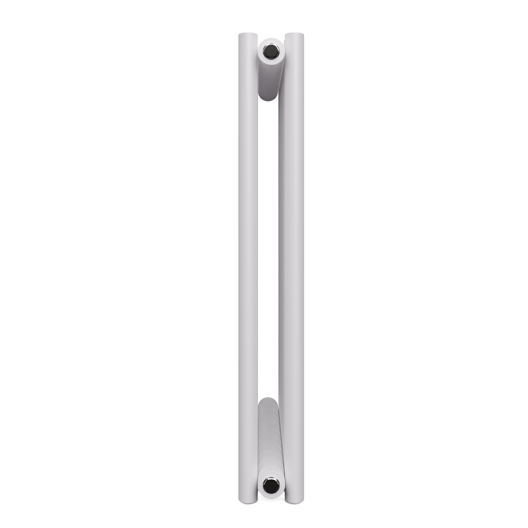 Radiador vertical blanco, vista lateral, aislado sobre fondo blanco.