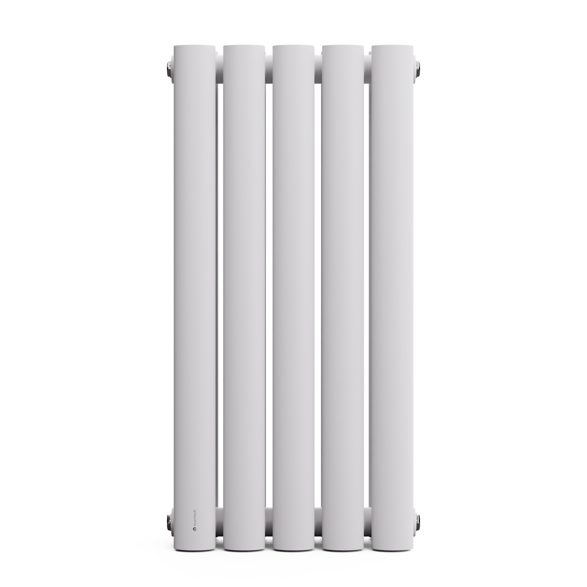Radiador blanco vertical con cinco columnas verticales. Incluye herrajes de montaje en cada extremo.