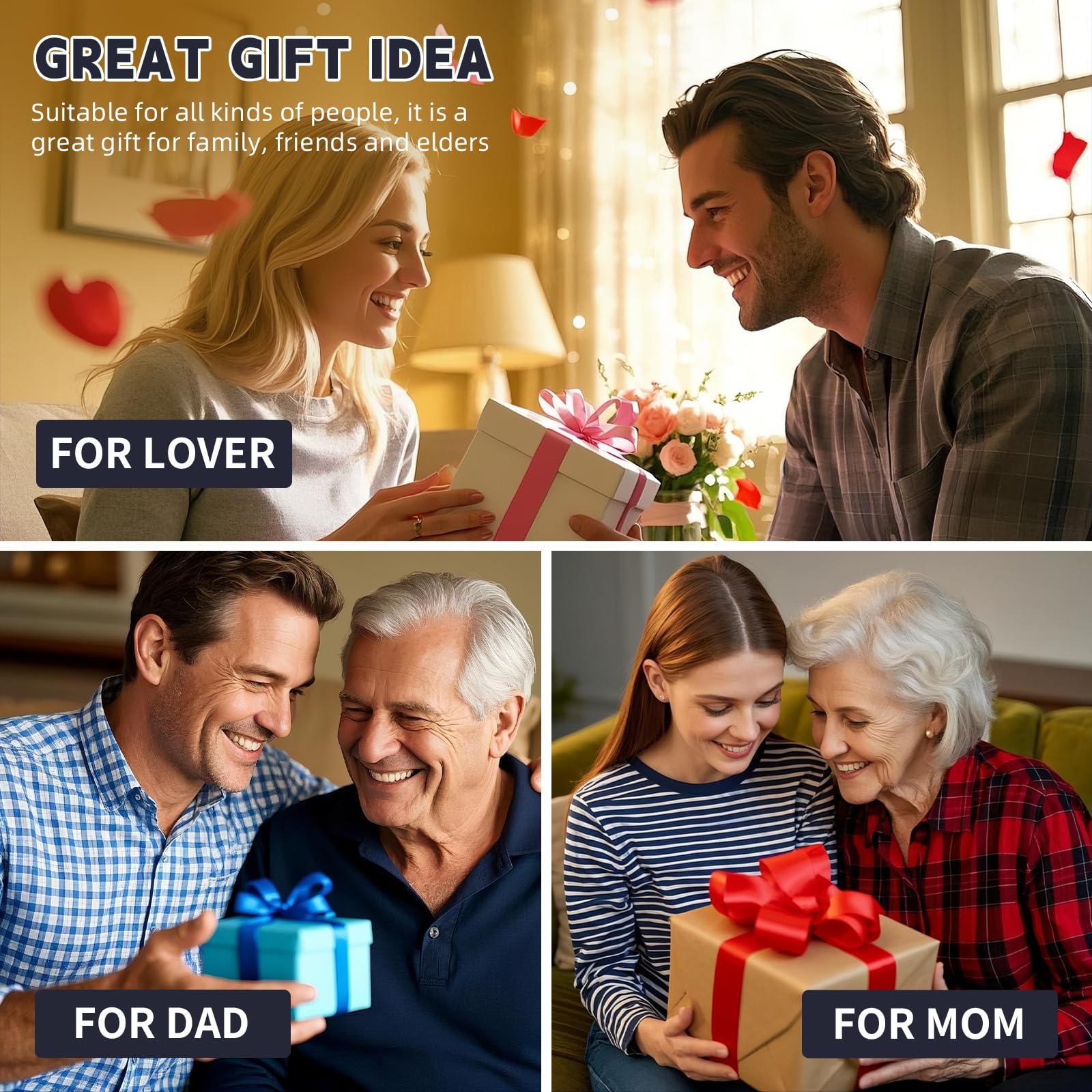Eine Collage zeigt Paare und Familien beim Geschenkeaustausch. Text 'Great Gift Idea', 'Für Liebhaber', 'Für Papa' und 'Für Mama' sind vorhanden.