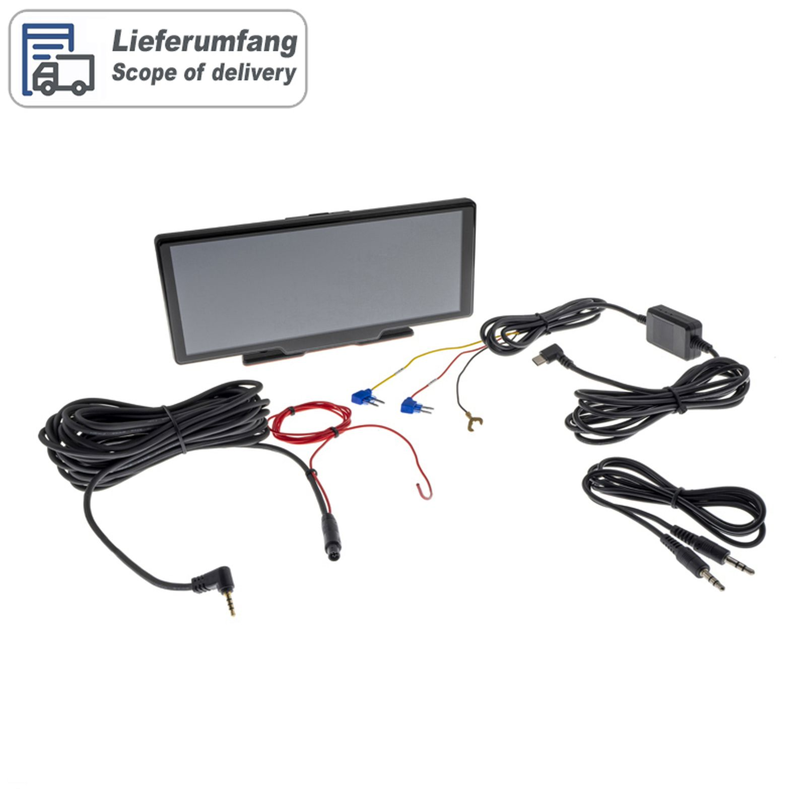 Ein Auto-Bildschirm und mehrere Kabel und Anschlüsse. Der Bildschirm ist schwarz. Kabel sind verschiedenfarbig.