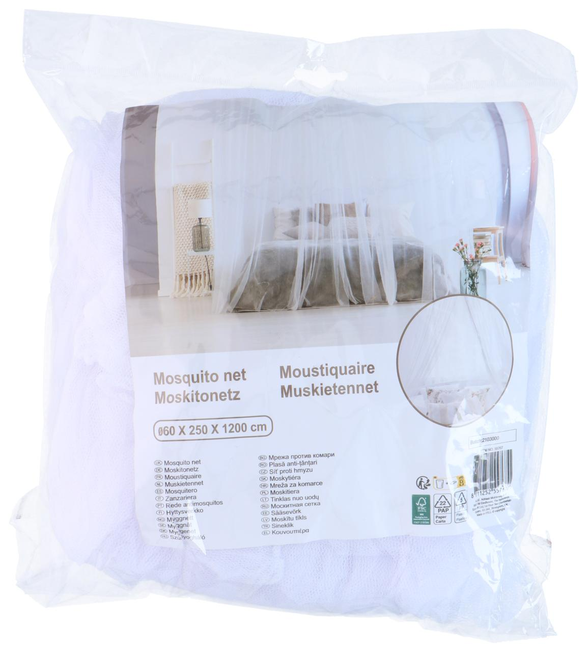 Een transparante plastic zak met een wit muskietennet. De zak heeft labels in verschillende talen.