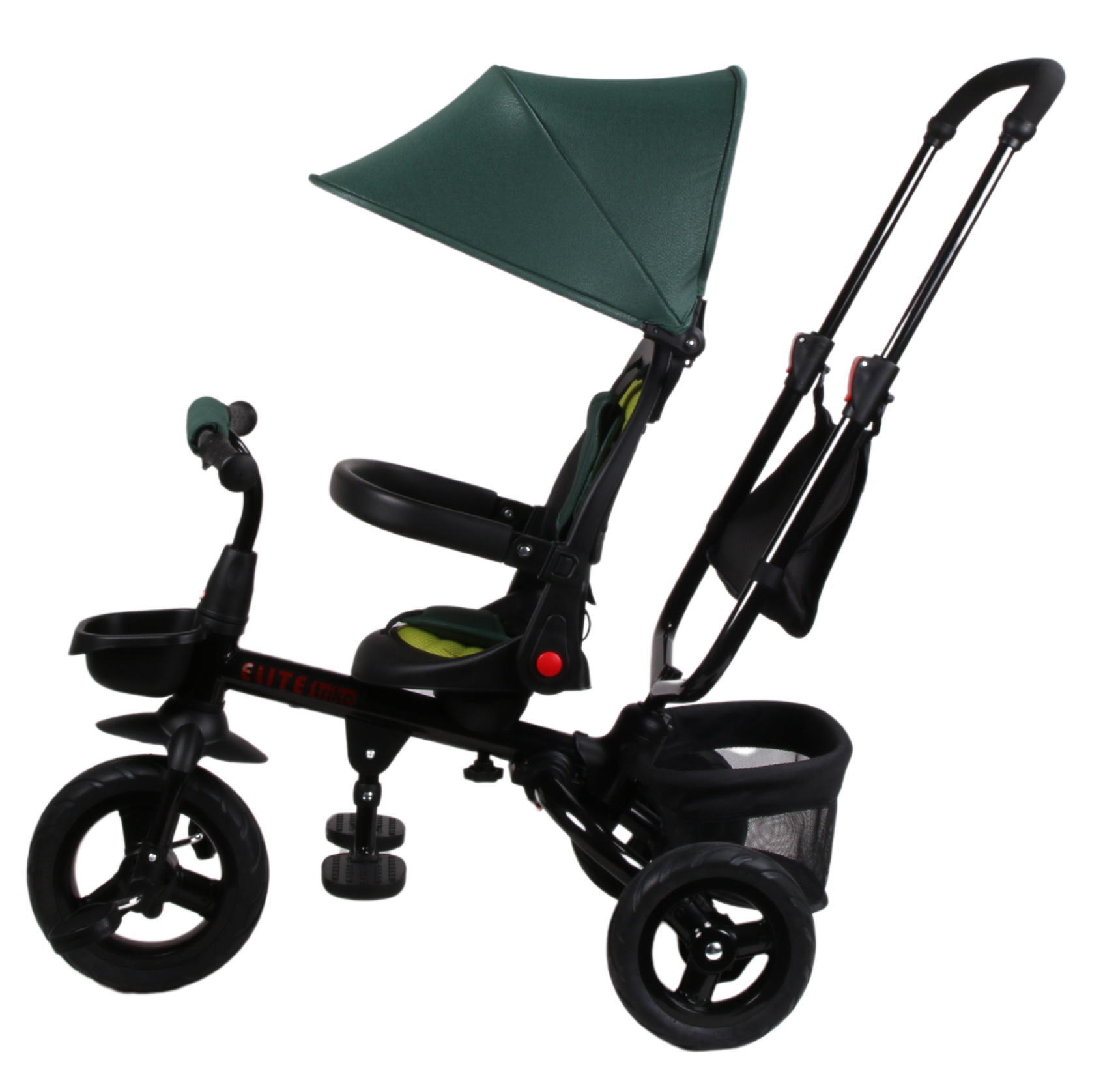 Triciclo con cappottina verde. Telaio nero. Ha sedile, cestino e pedali. Tre ruote nere. Manubrio per guidare.