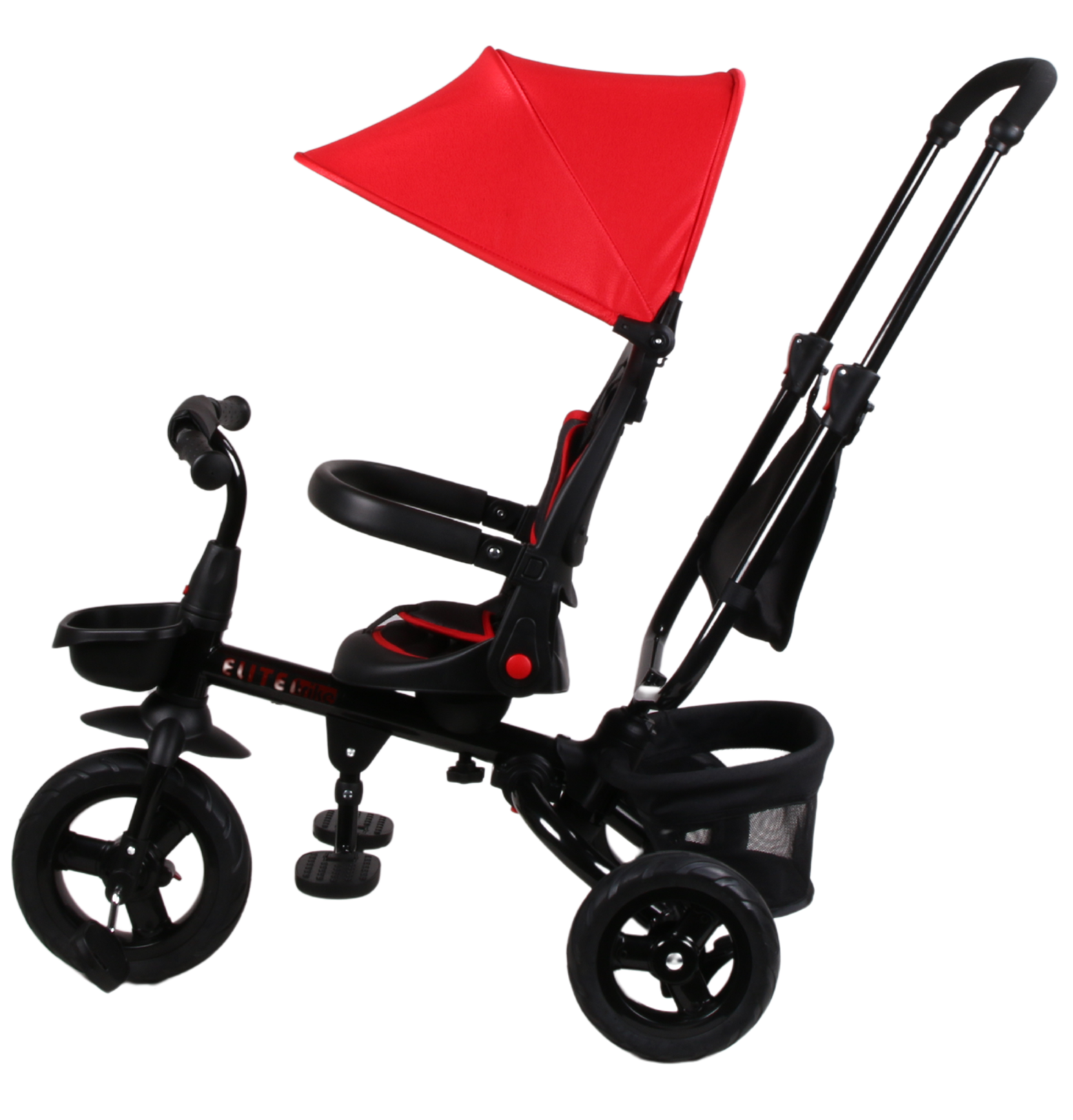 Triciclo con cappottina rossa. Telaio nero. Ha sedile, cestino e pedali. Tre ruote nere. Manubrio per guidare.