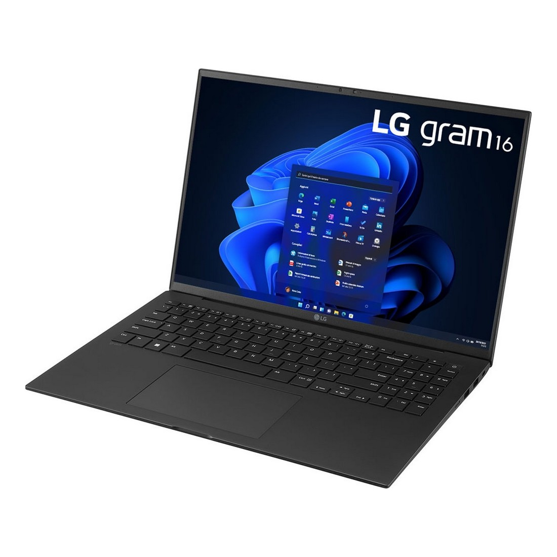Laptop LG Gram 16 nero aperto, con tastiera e schermo con interfaccia Windows. Logo LG Gram 16 in alto a destra.