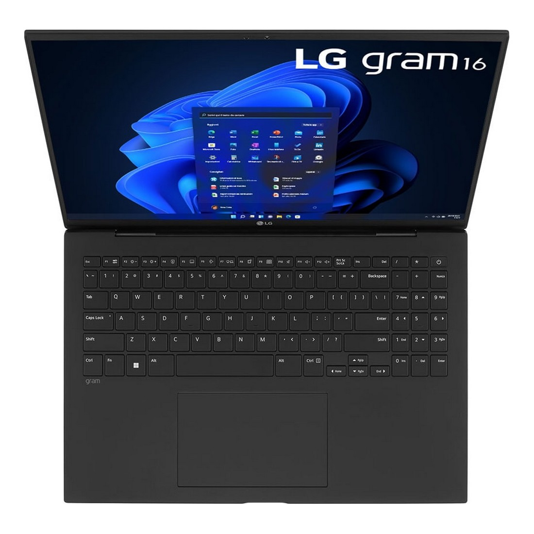 Laptop LG Gram 16 nero aperto, con tastiera e schermo con interfaccia Windows. Logo LG Gram 16 in alto a destra.