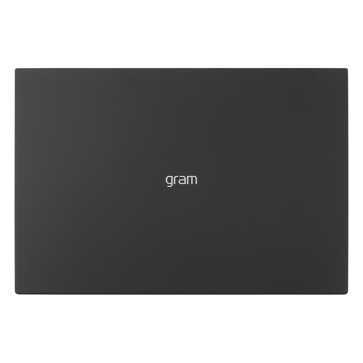 Laptop LG Gram nero chiuso. La parola 'gram' è visibile al centro del coperchio.